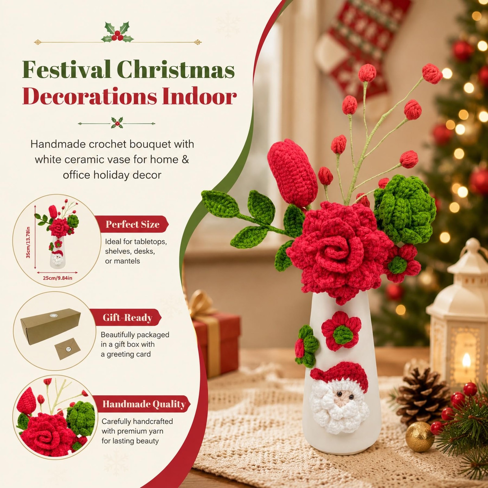 Crochet Christmas Flowers Artificial with Vase for Christmas New Year Decorat…