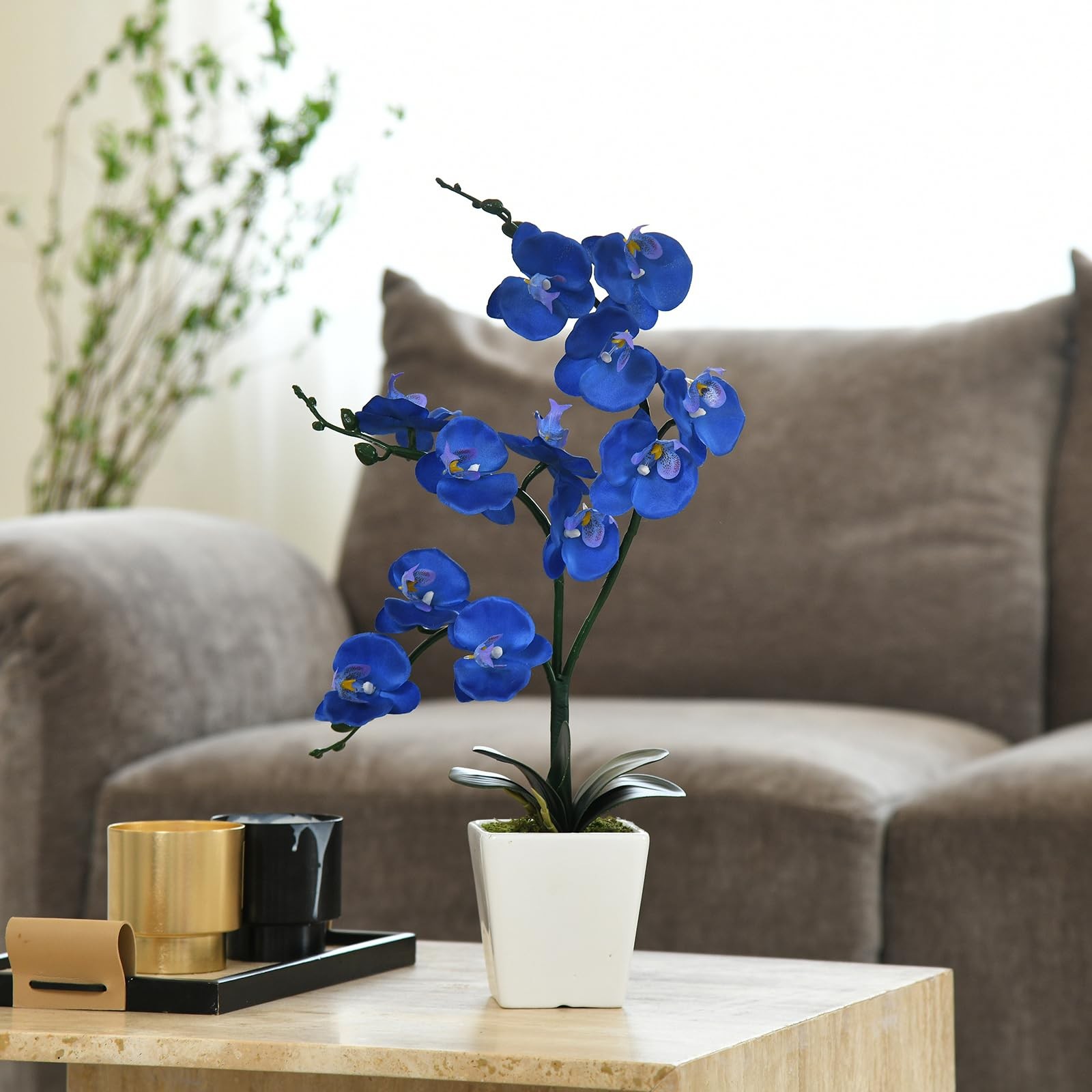 Artificial Silk Phalaenopsis Orchid Flower Plant Pot Navy Blue 15 Inch