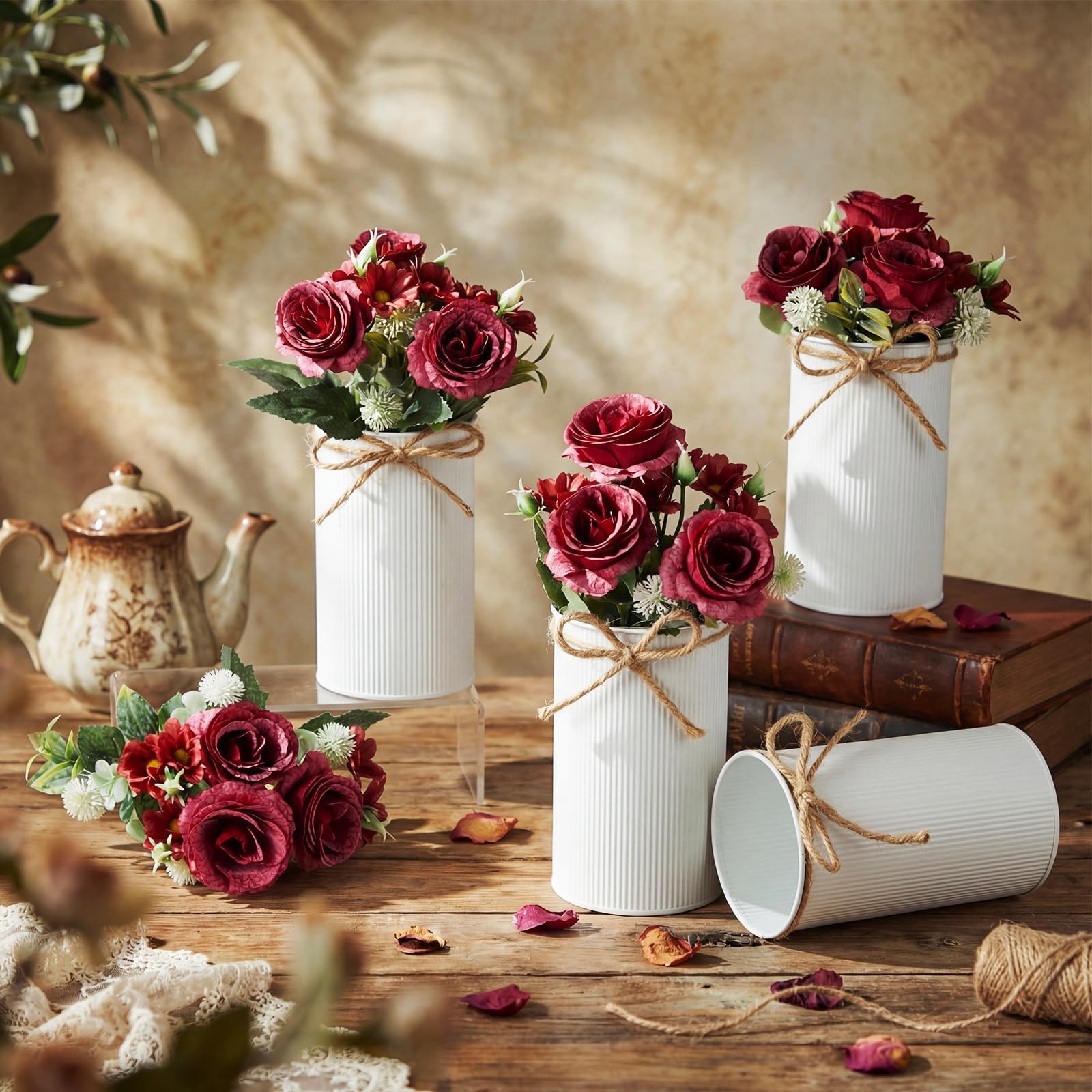 6 Sets Red Artificial Fake Rose Flower Metal Vase Wedding Centerpiece Floral