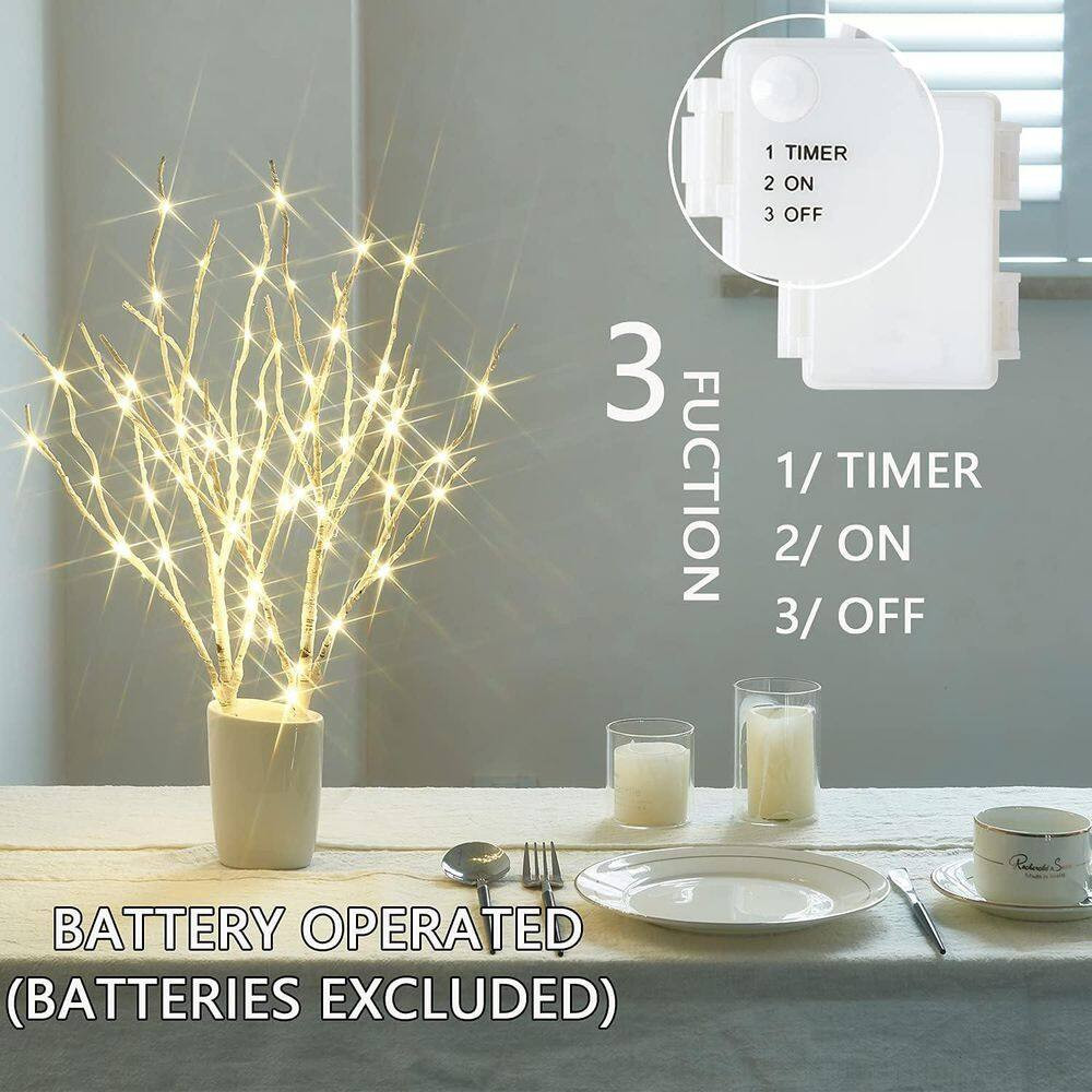 18 In. White Artificial Willow Foliage Lighted Birch Branches with 70 LED Timer