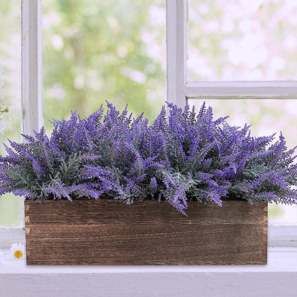 14 In. Artificial Lavender Plants in Brown Rectangular Wood Planter