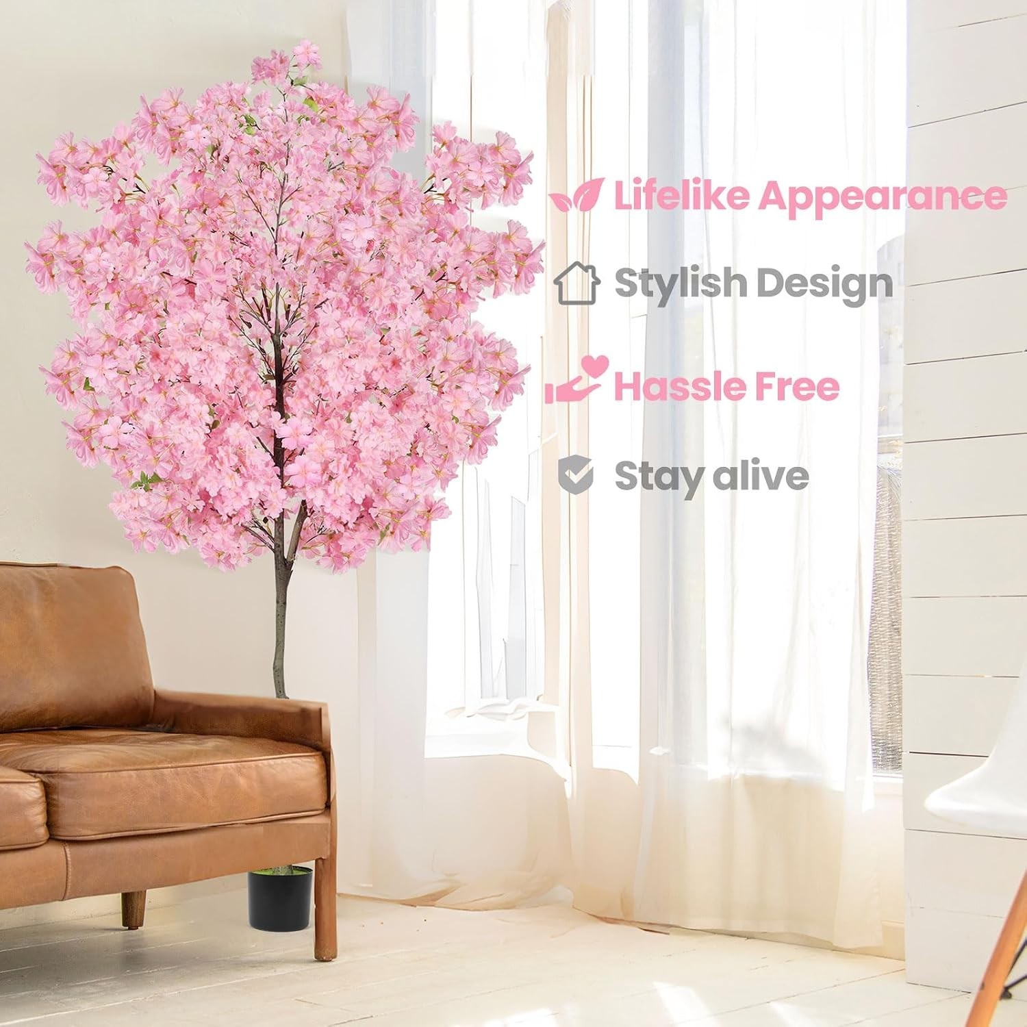 Stunning 6Ft Pink Cherry Blossom Artificial Tree in Black Pot – Easy Decor