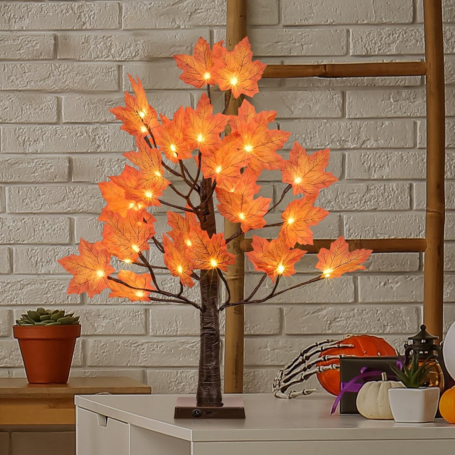 24IN Lighted Maple Tree for Fall Decorations, USB & Battery Operated with Tim…