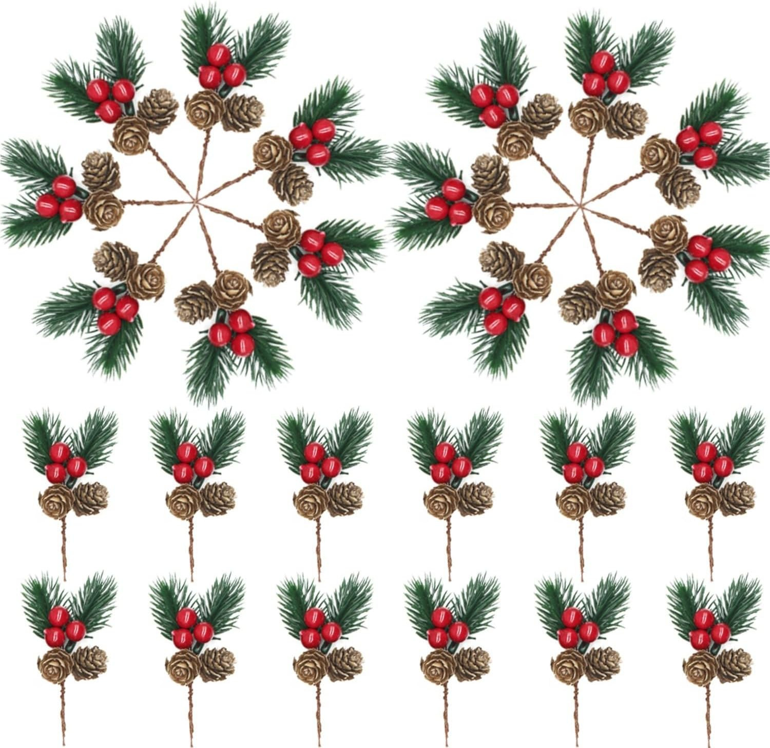 Christmas Floral Picks, 50Pcs Pine Cone Holly Berry Stems for Crafts, Artificial