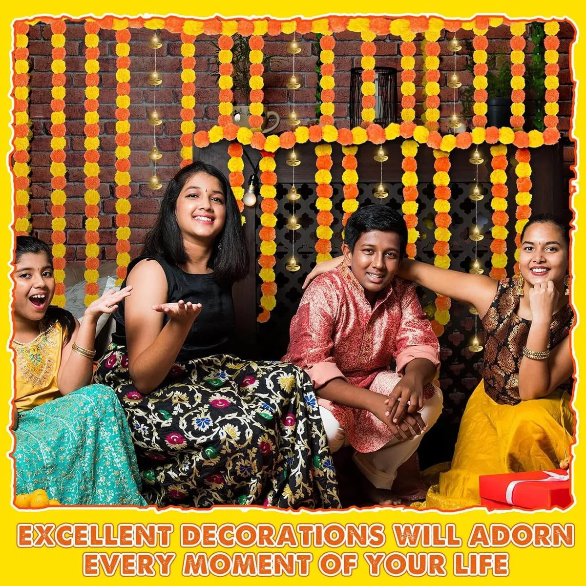 10 Pcs Diwali Decoration Set 5ft Artificial Marigold Garland 6.56ft String Light
