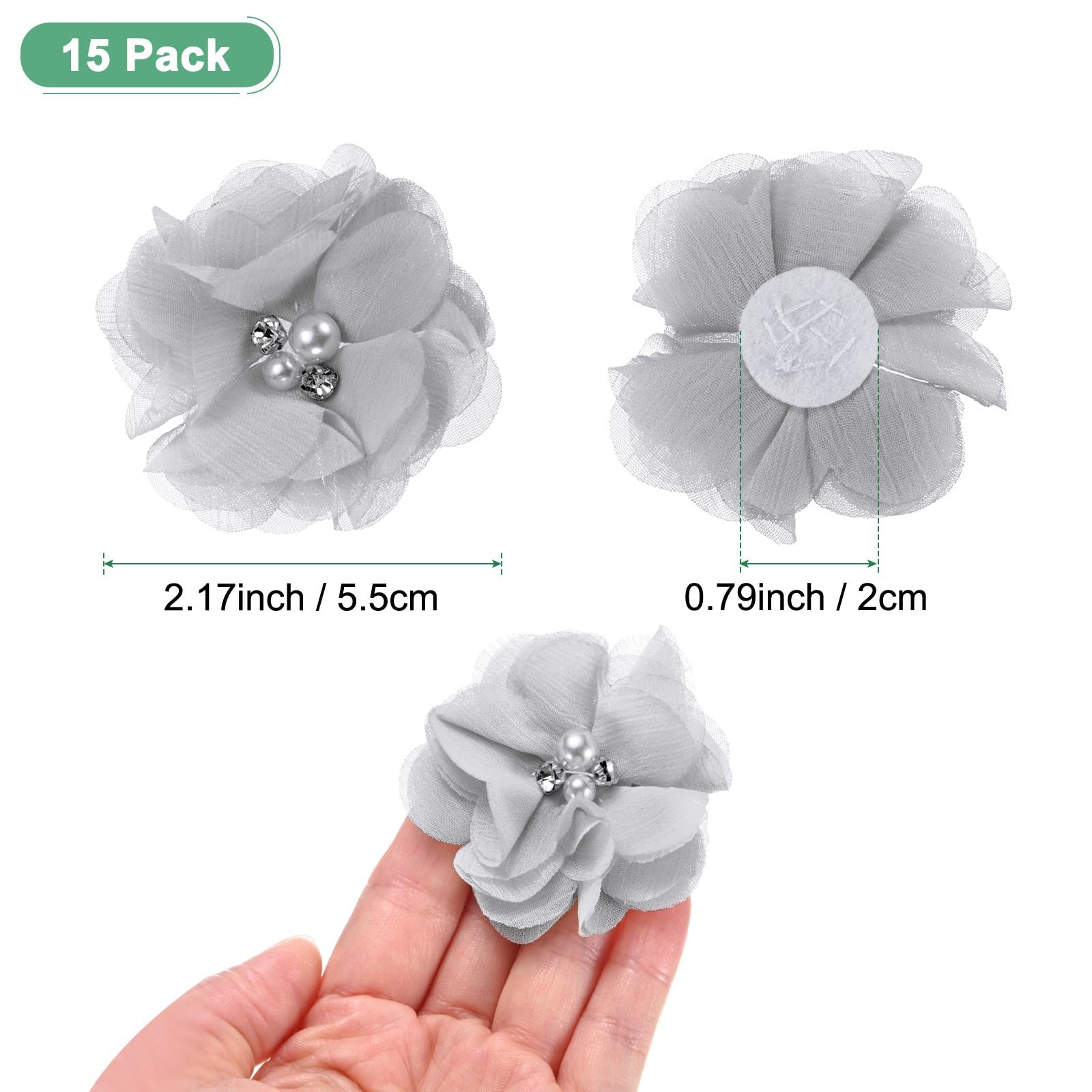 15 PCS Rhinestone Pearl Chiffon Flowers 2.17×2.17 Inch Mesh Fabric DIY Gray