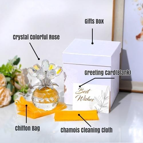 Ornalrist Crystal AB-Color Rose Bouquet Flower with Vase Figurine Decor, Rose…