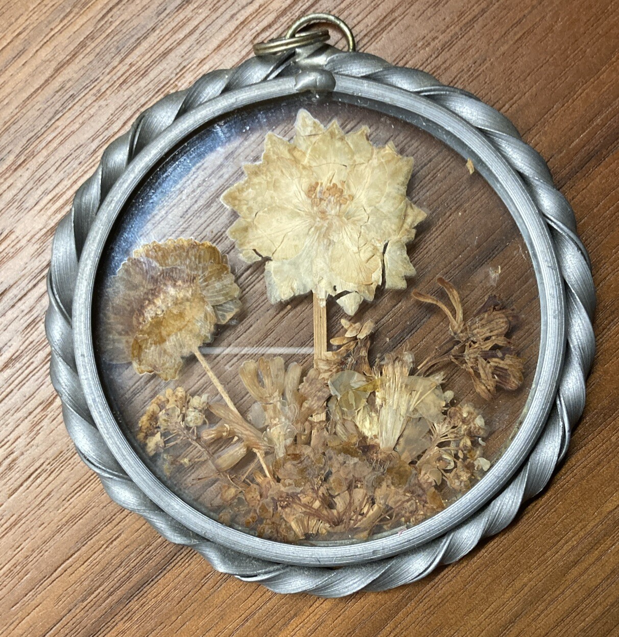 Vintage Real Dried Pressed Flowers In Glass W/ Metal Frame Lead