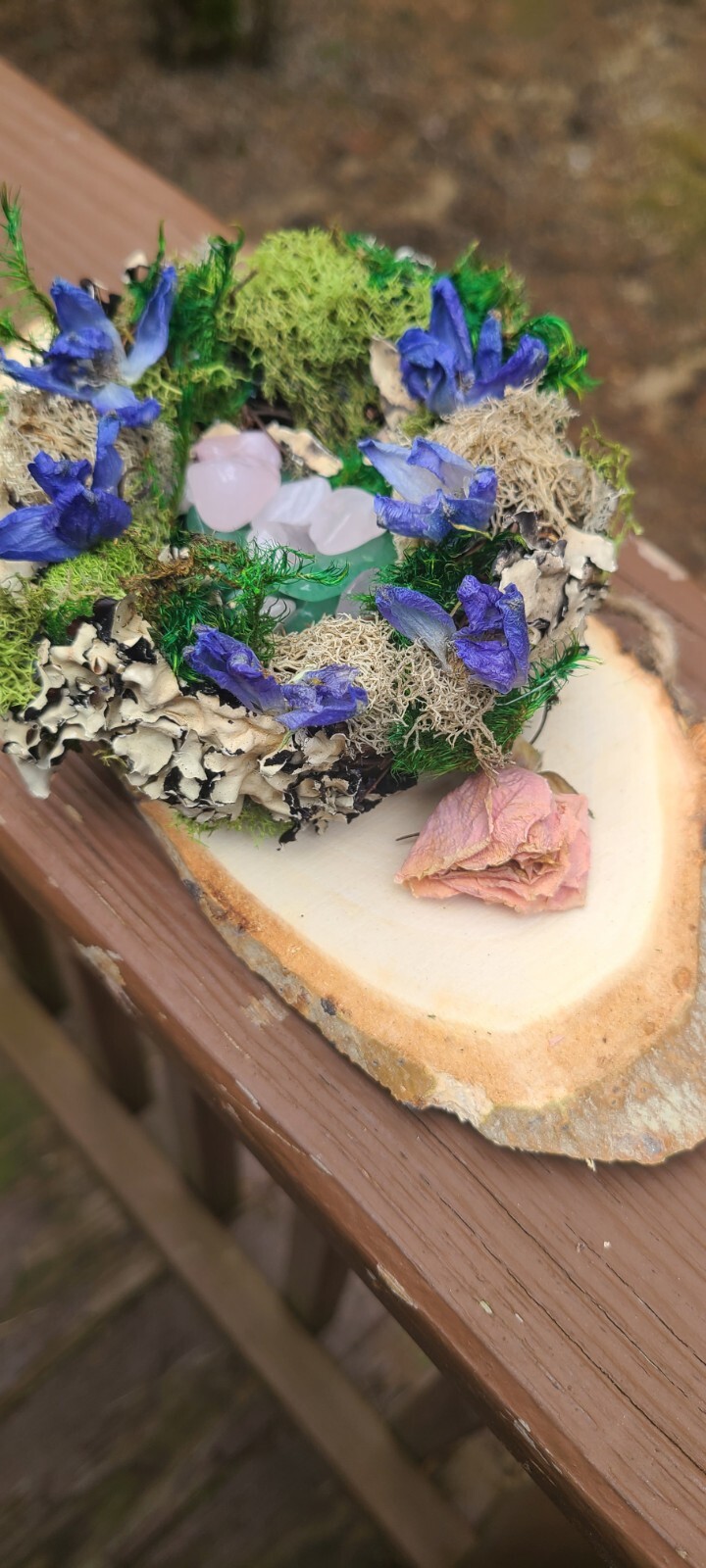 Spring Decor. Bird Nest With Moss Dried Flowers And Crystals. Resting On Wood.