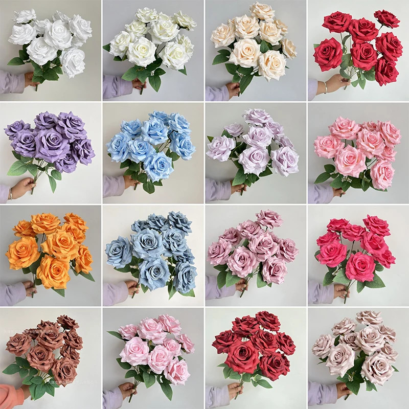 9 Heads Diamond Roses Bouquet Artificial Flower Pink Red Blue White Rose Fake