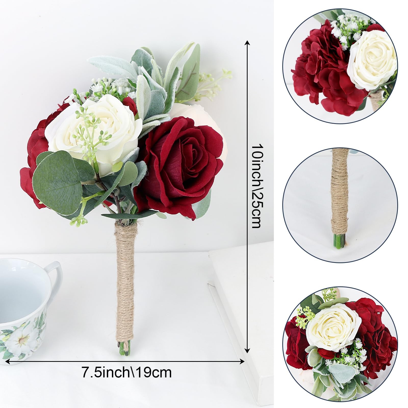 Artificial Flowers Bridesmaids Bouquets Set of 6 – Burgundy and White Bridesm…