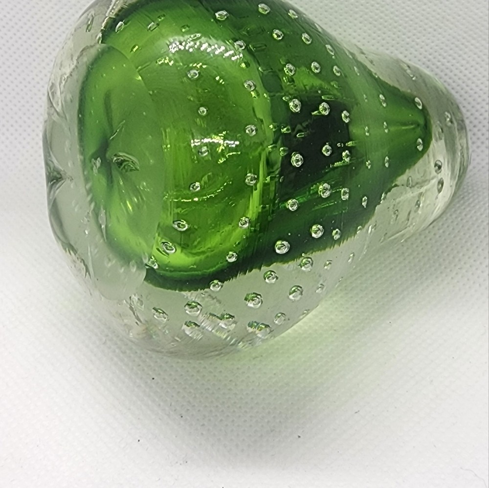 Glass Paperweight Pear Shape Green & Clear Glass with Air Bubbles
