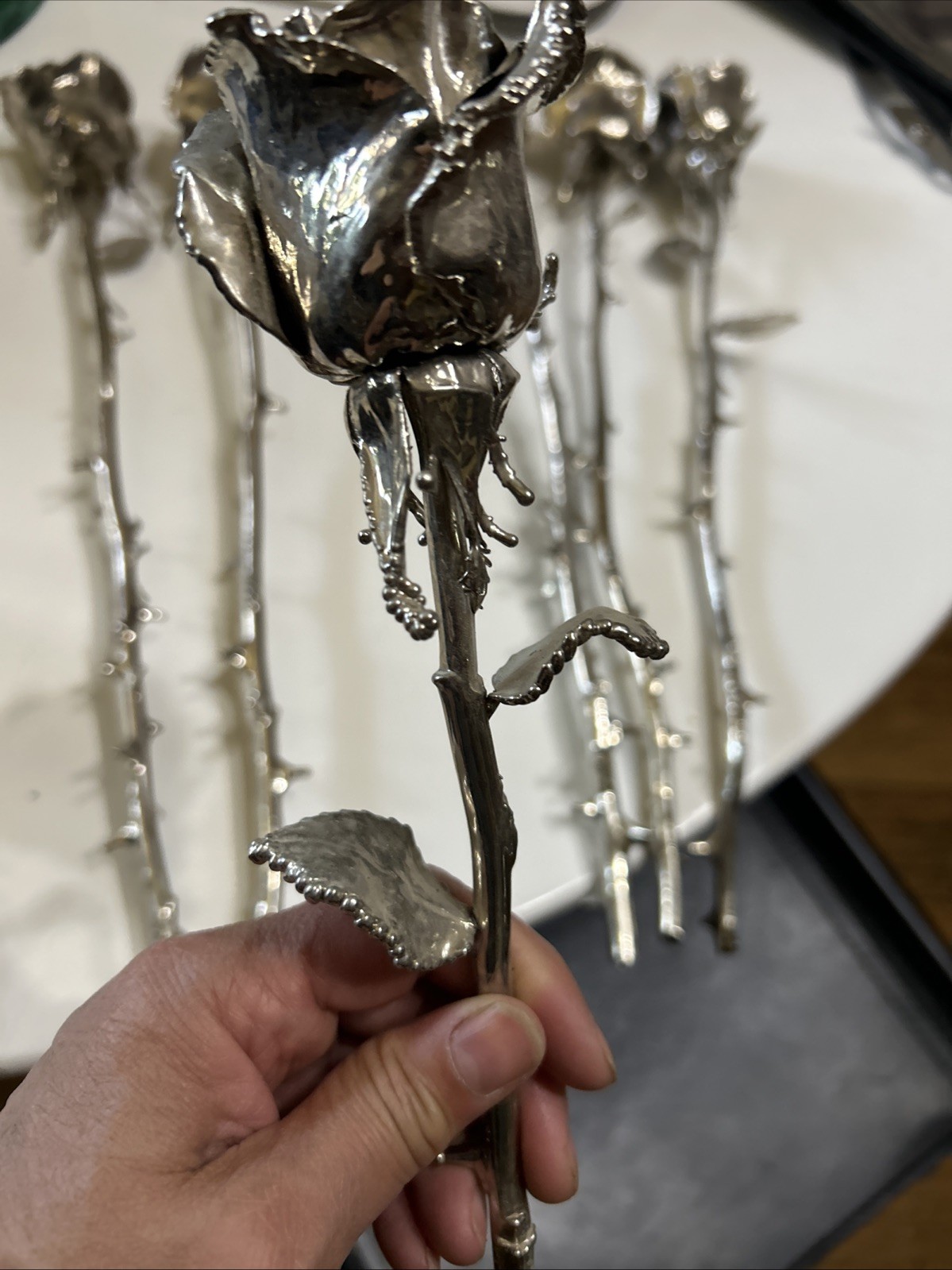 Set of six 6 Real Rose Dipped In Silver 18 inches long Triple dipped