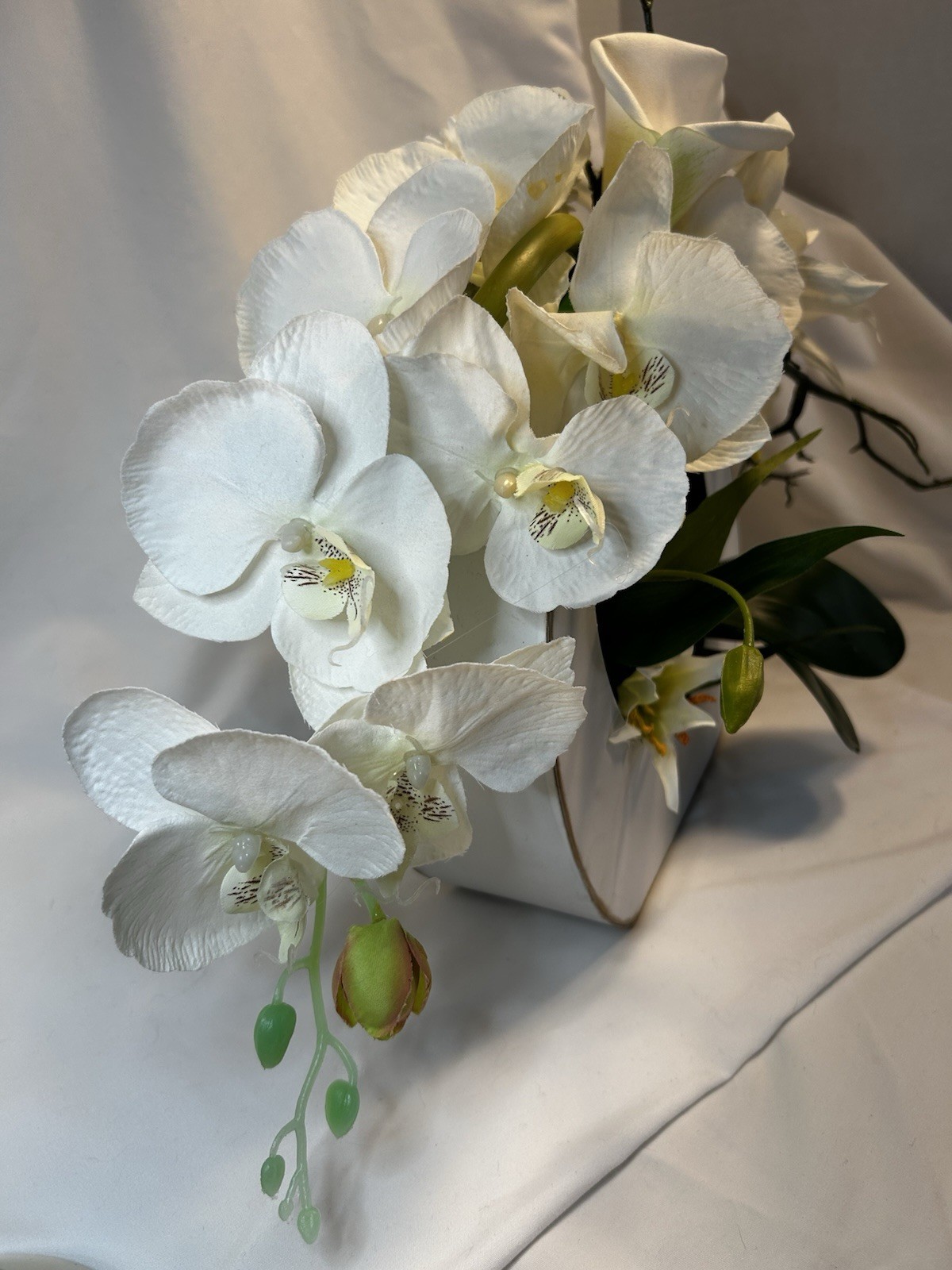 White Silk Floral Arrangement, Centerpiece contemporary Asian Zen Orchids, Lilly