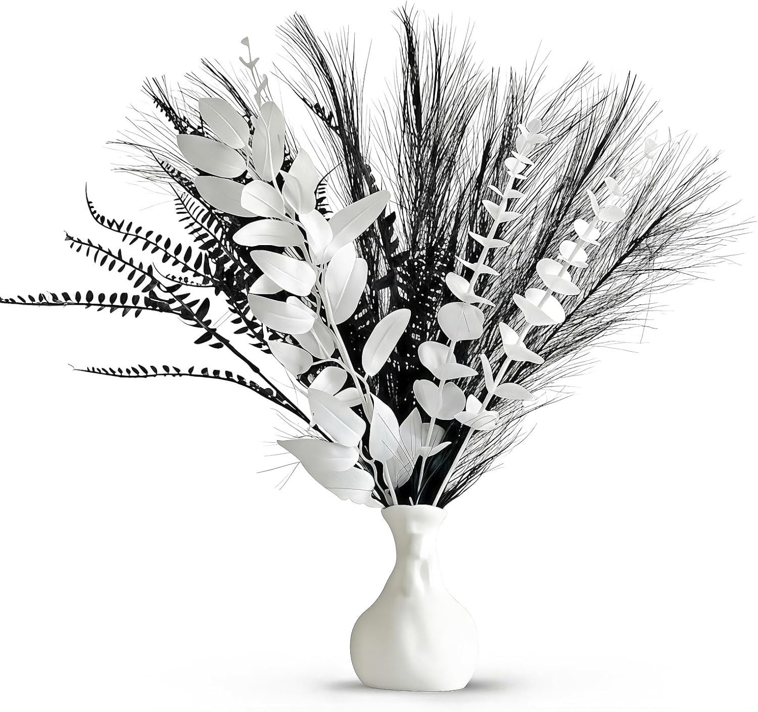 Black and White Artificial Bouquet – 17″ Eucalyptus Leaves and Pampas Grass, for