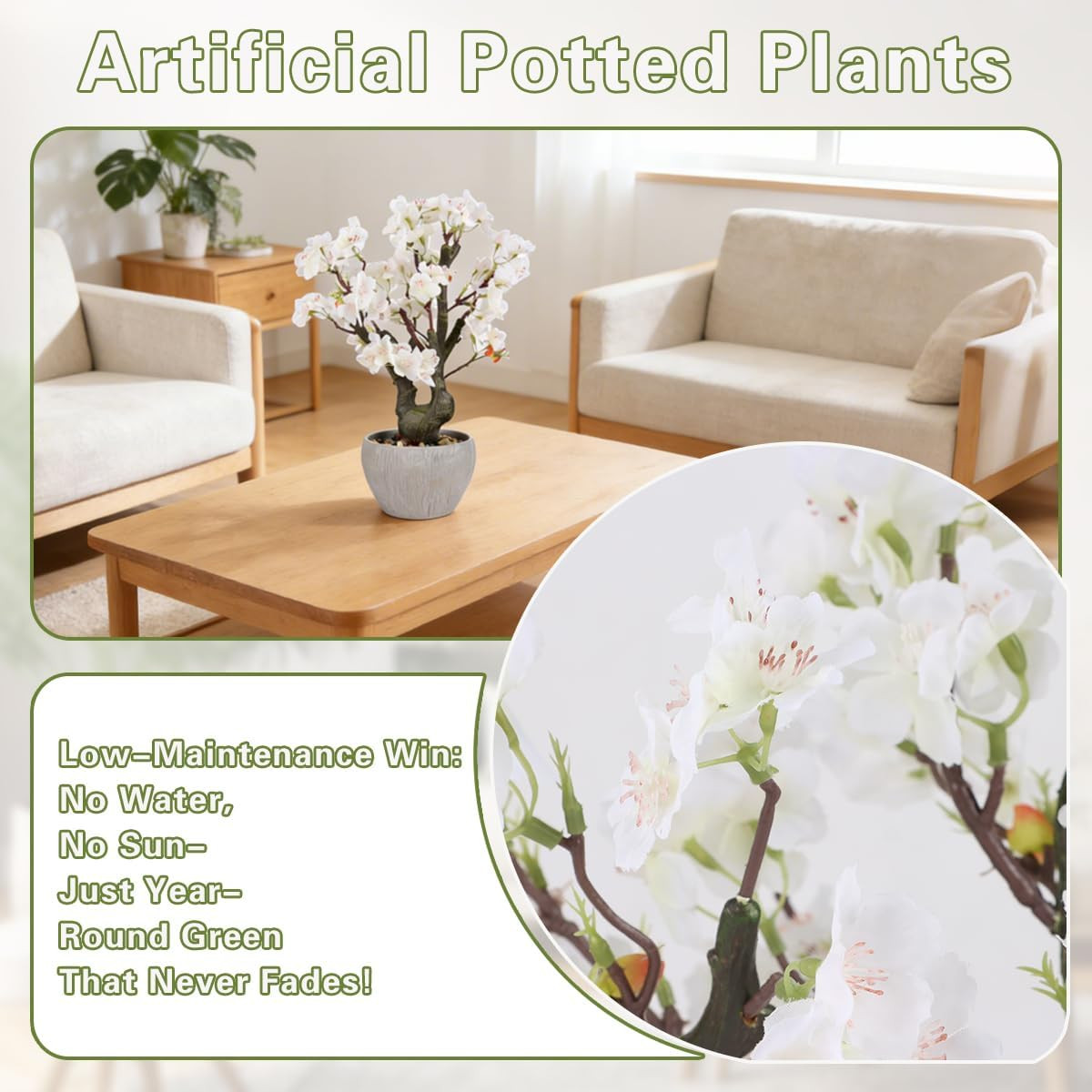 Realistic White Cherry Blossom Bonsai Tree – 15.7″ Potted Floral Decor