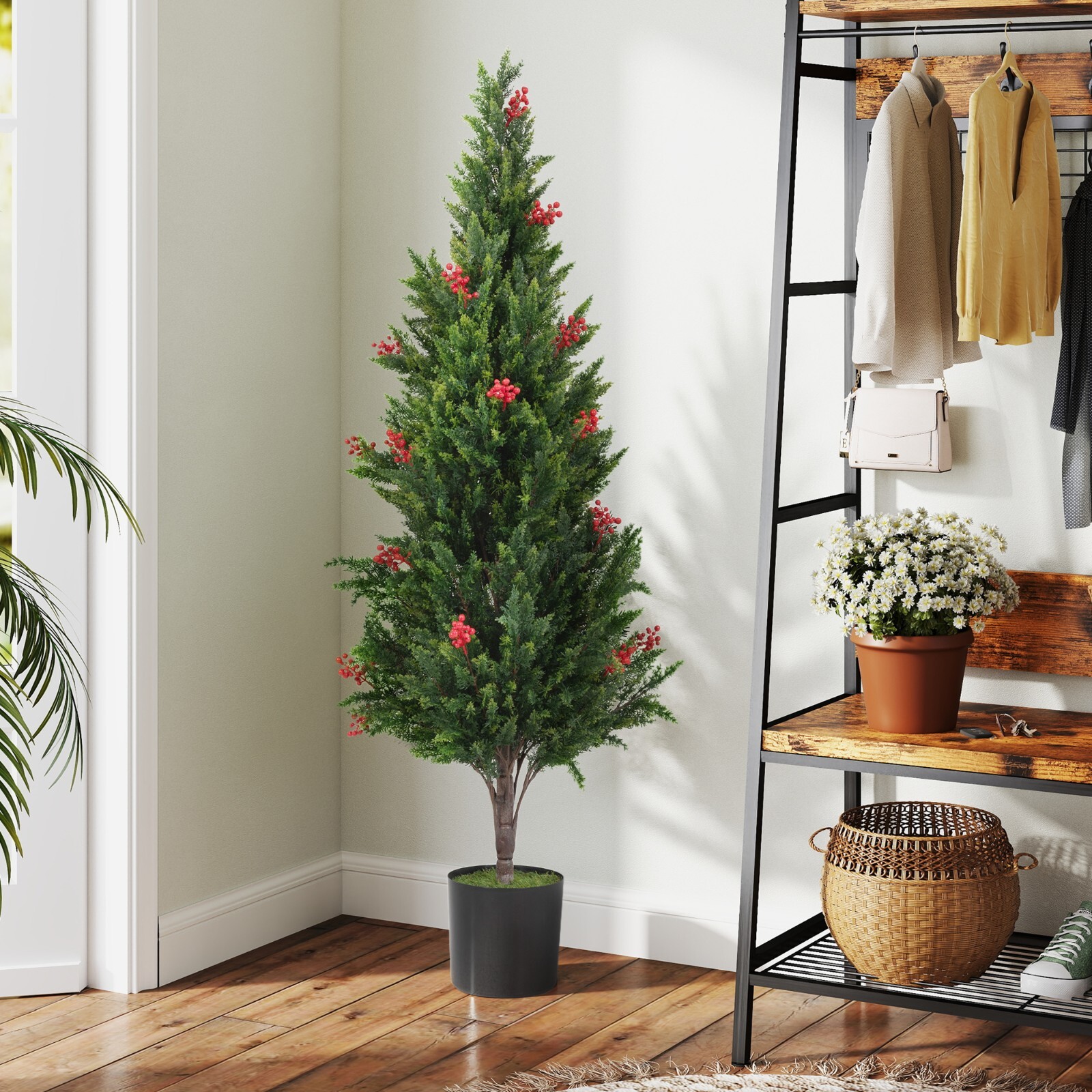 2-Pack 5.25 ft Artificial Cedar Topiary Trees Fake Evergreen Potted Pine Plants