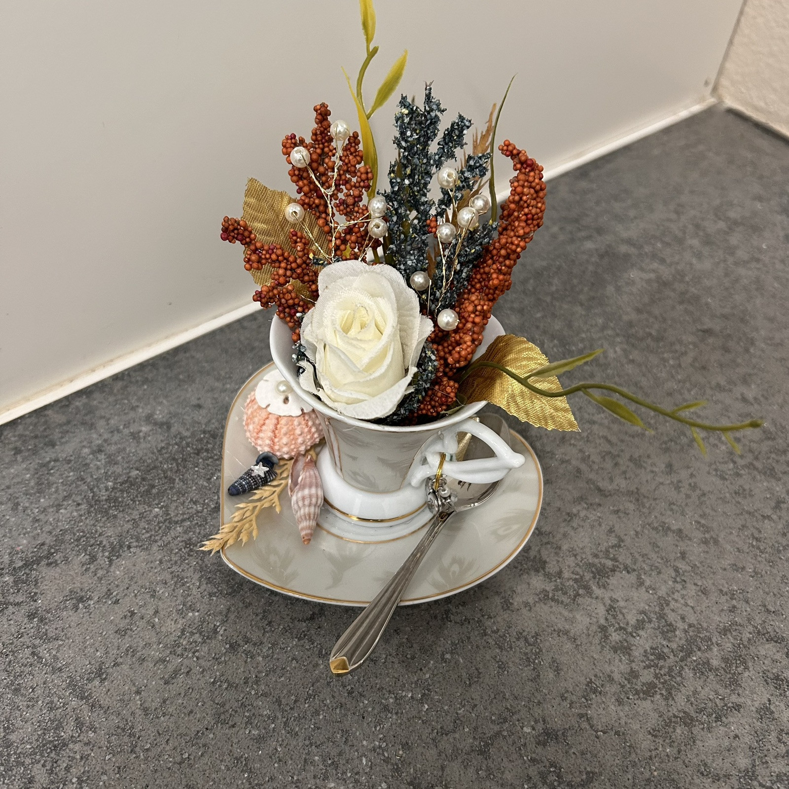 Floral Seashell Assemblage In GMA Fine Porcelain China Tea Cup Saucer Set