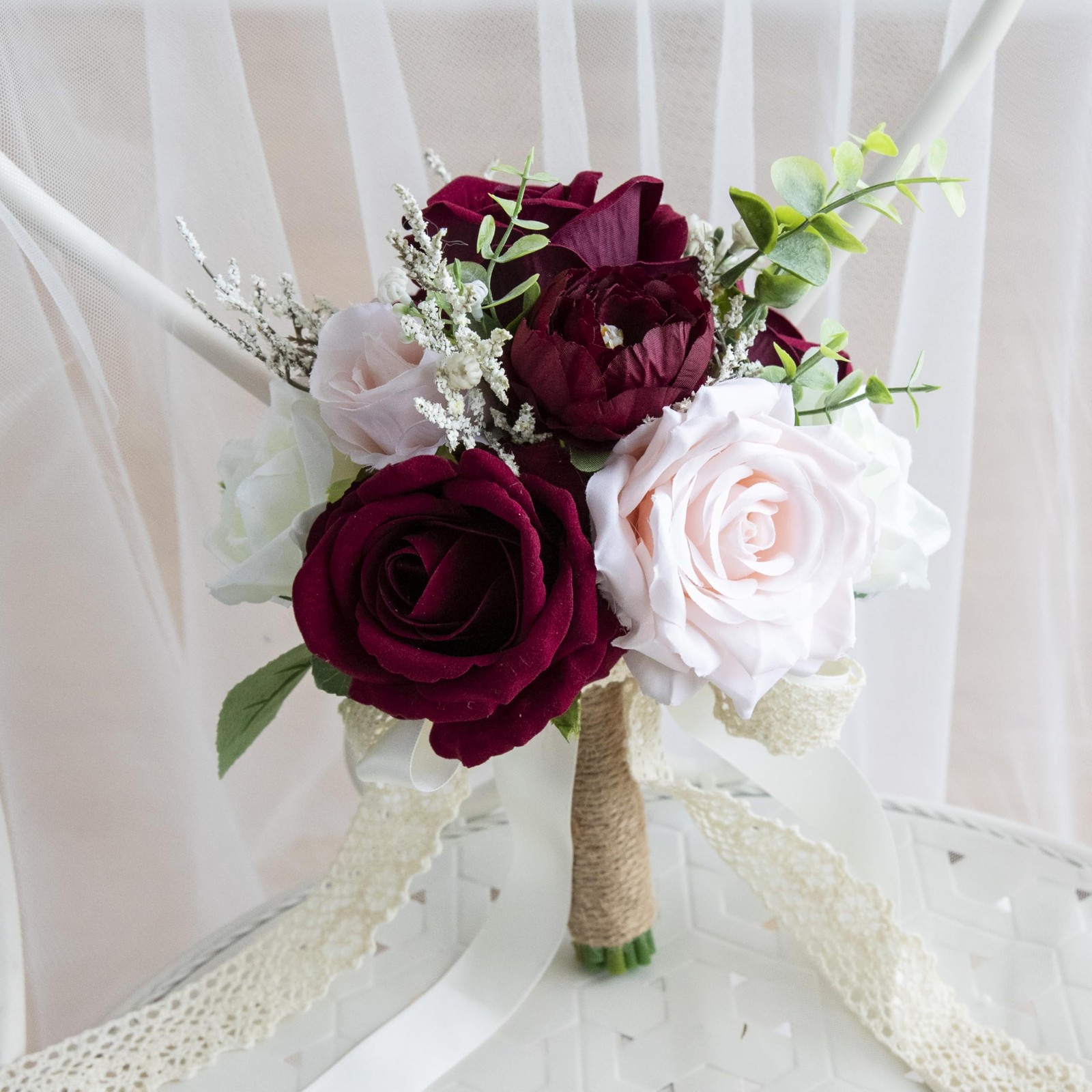 Wedding Bouquets for Bride Bridesmaid, Artificial Burgundy Blush Bride Flower…