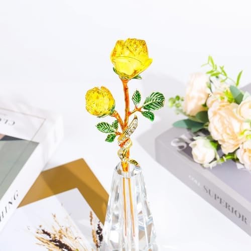 YWHL Handmade Yellow Rose Flower Crystal Figurine with Vase, Bouquet Glass Fl…