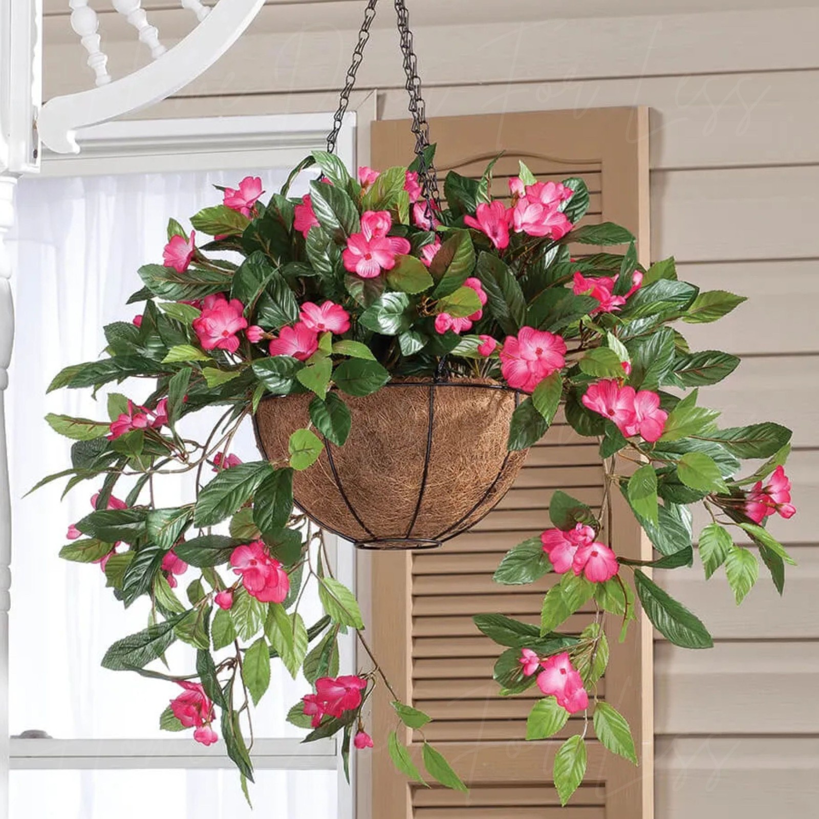 Large Artificial Pink Impatiens Hanging Basket Indoor Outdoor Patio Garden Decor