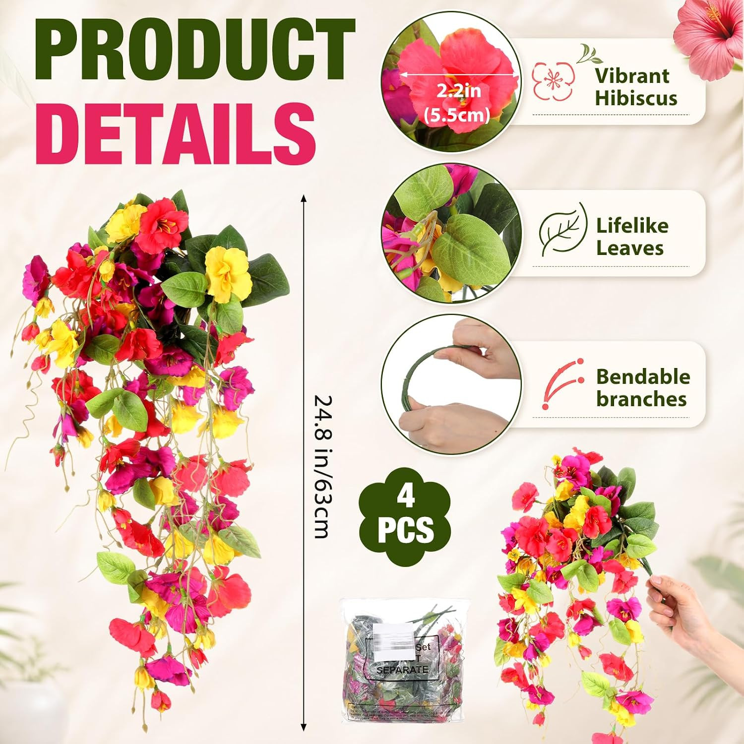 Multicolor UV Resistant Hanging Hibiscus Flowers for Outdoor Decor – 4 Bundles