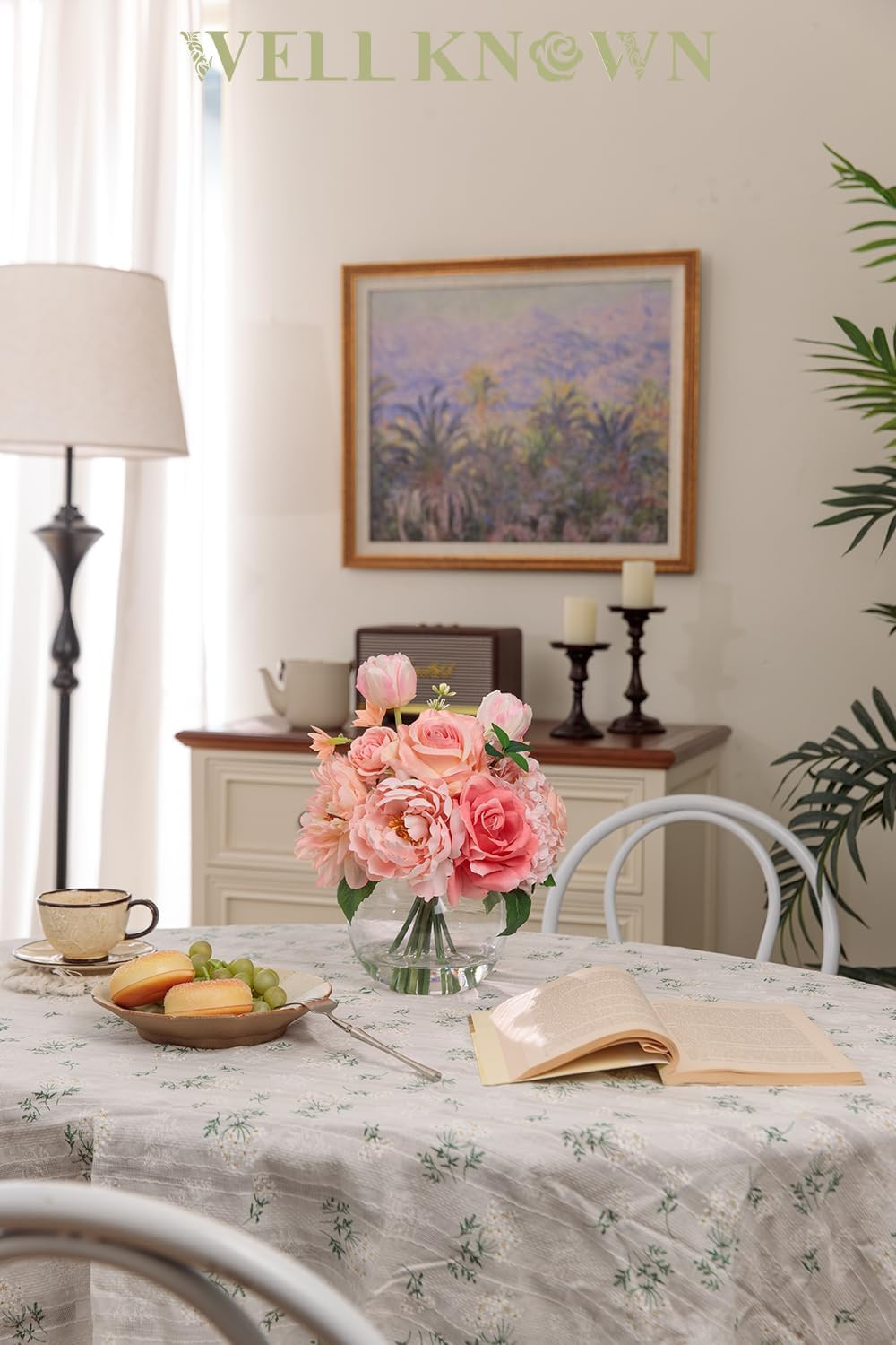 Peach Pink Silk Flower Bouquet in Vase with Fake Water for Home Decor
