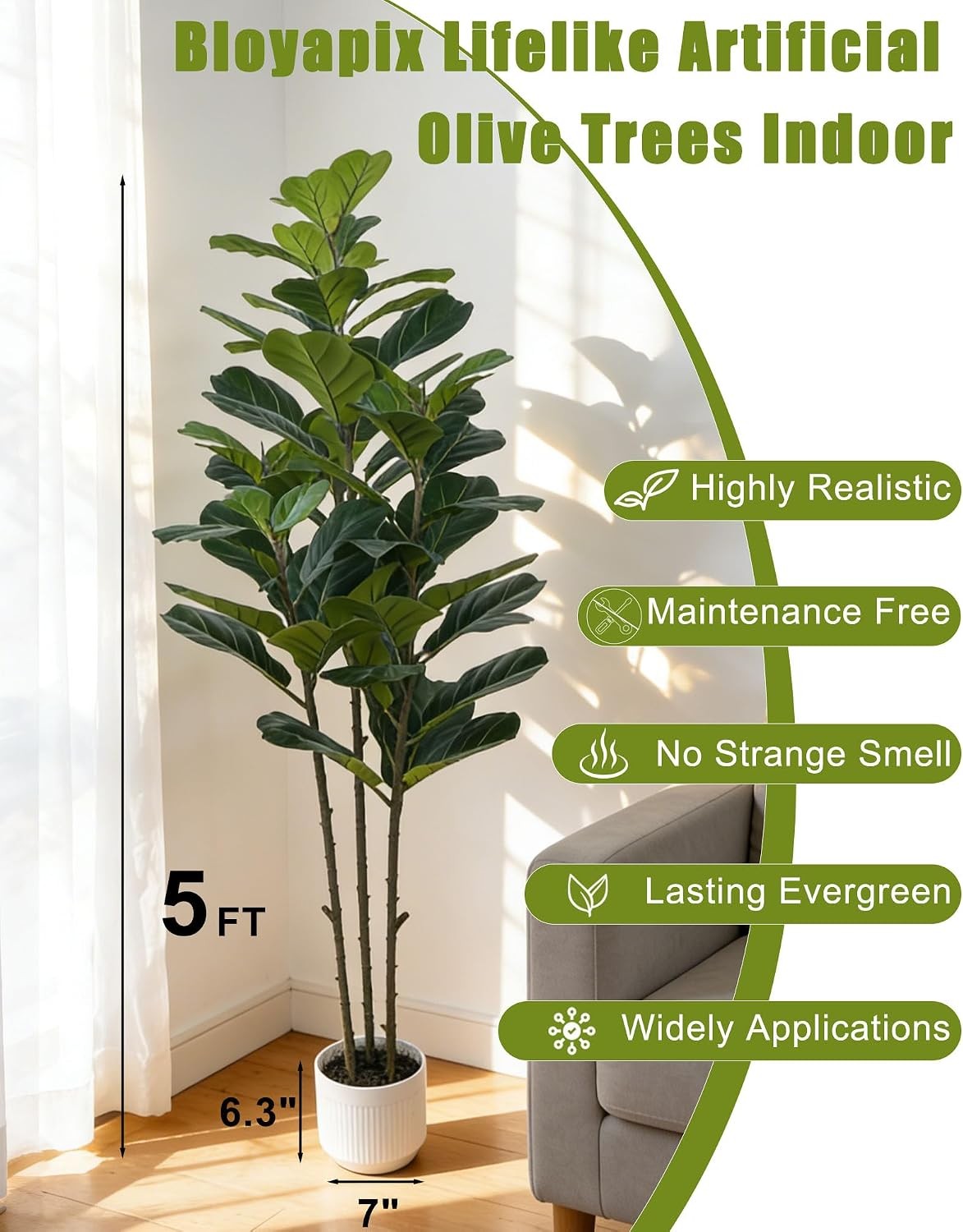 5FT Faux Fiddle Leaf Fig Tree Artificial Ficus Plant White Planter Home Decor