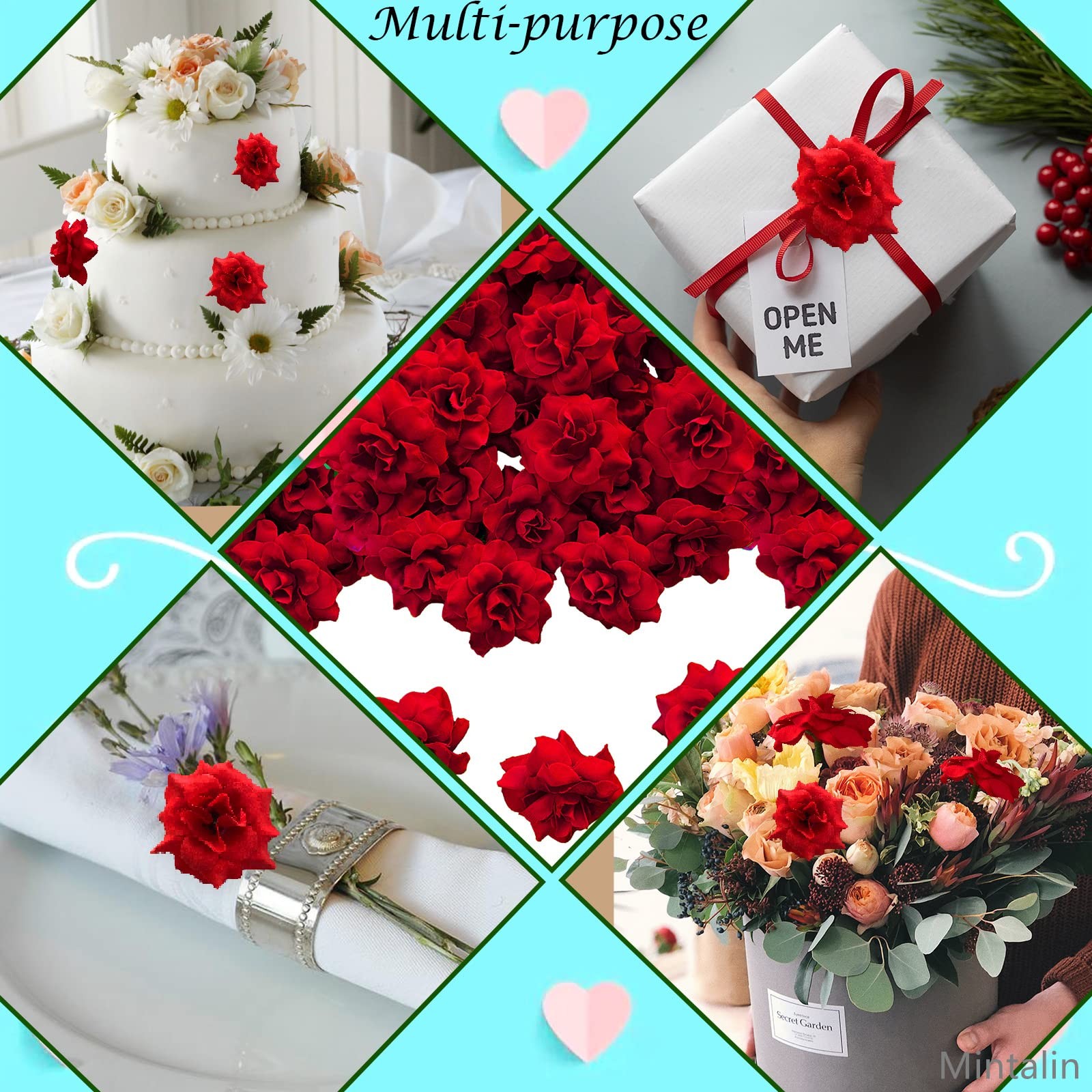 120 PCS Artificial Silk Red Roses Head Fake Flower DIY Wedding Centerpiece