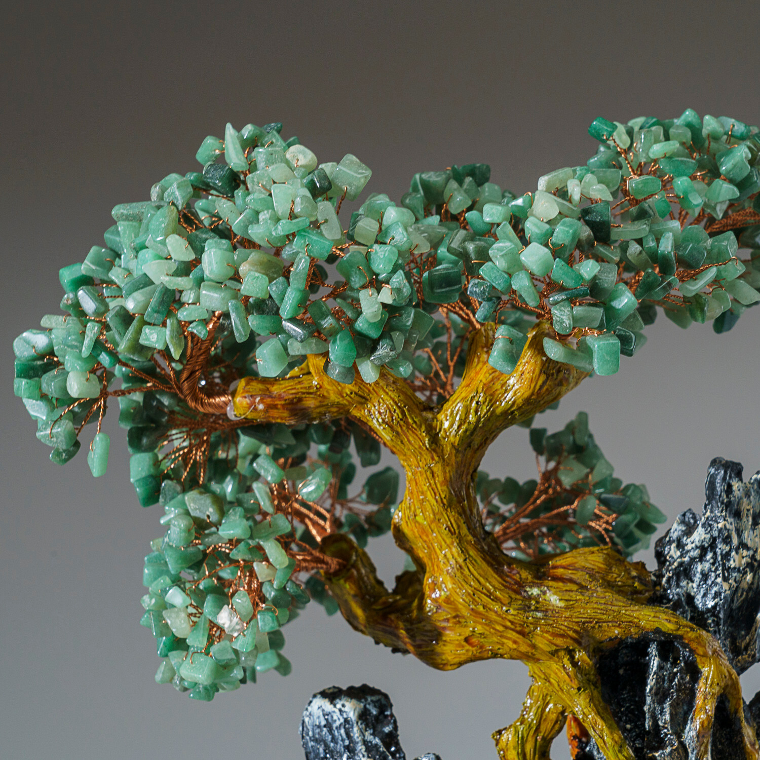 Genuine Green Aventurine Gemstone Bonsai Tree in Round Ceramic Pot (13”)