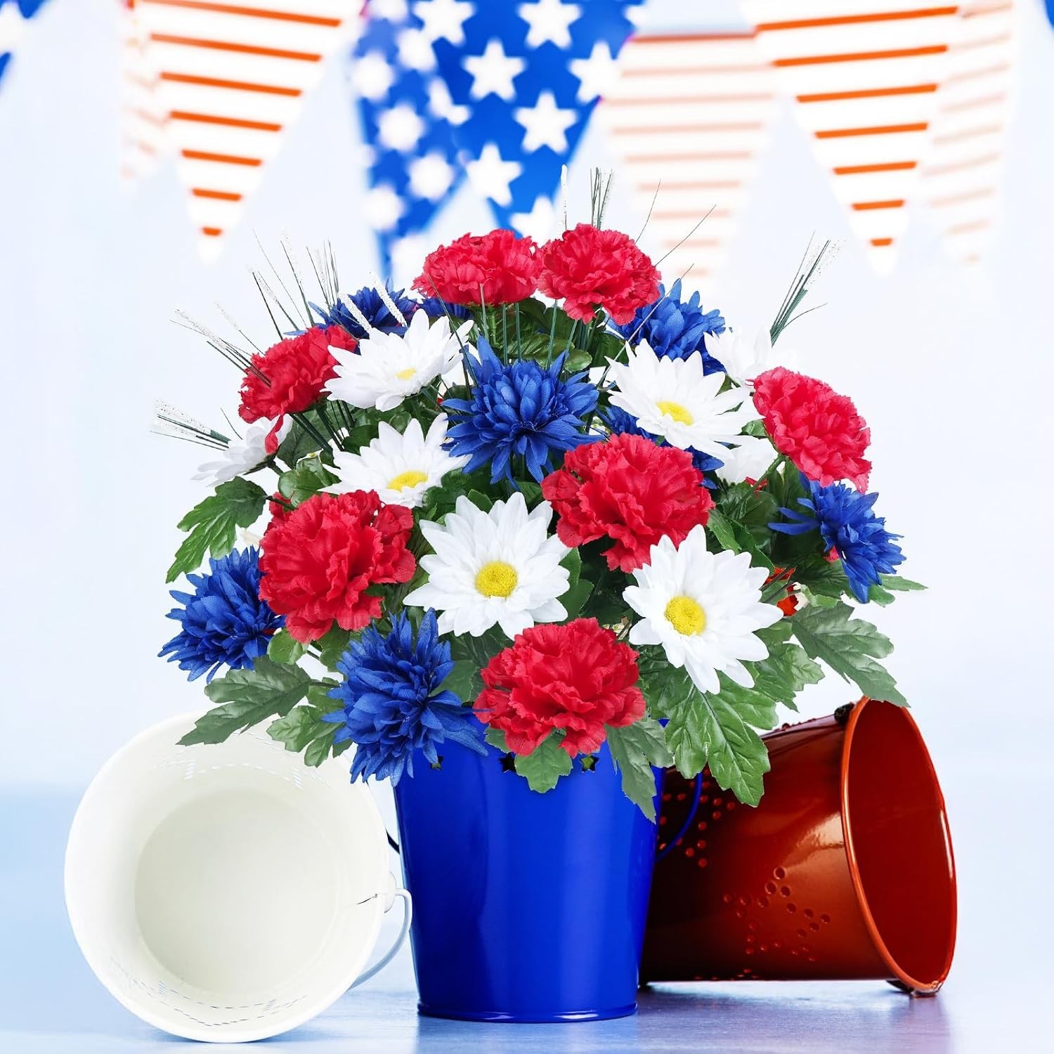 Patriotic 17.3″ Artificial Flower Bouquet for Memorial Day & 4th of July Decor