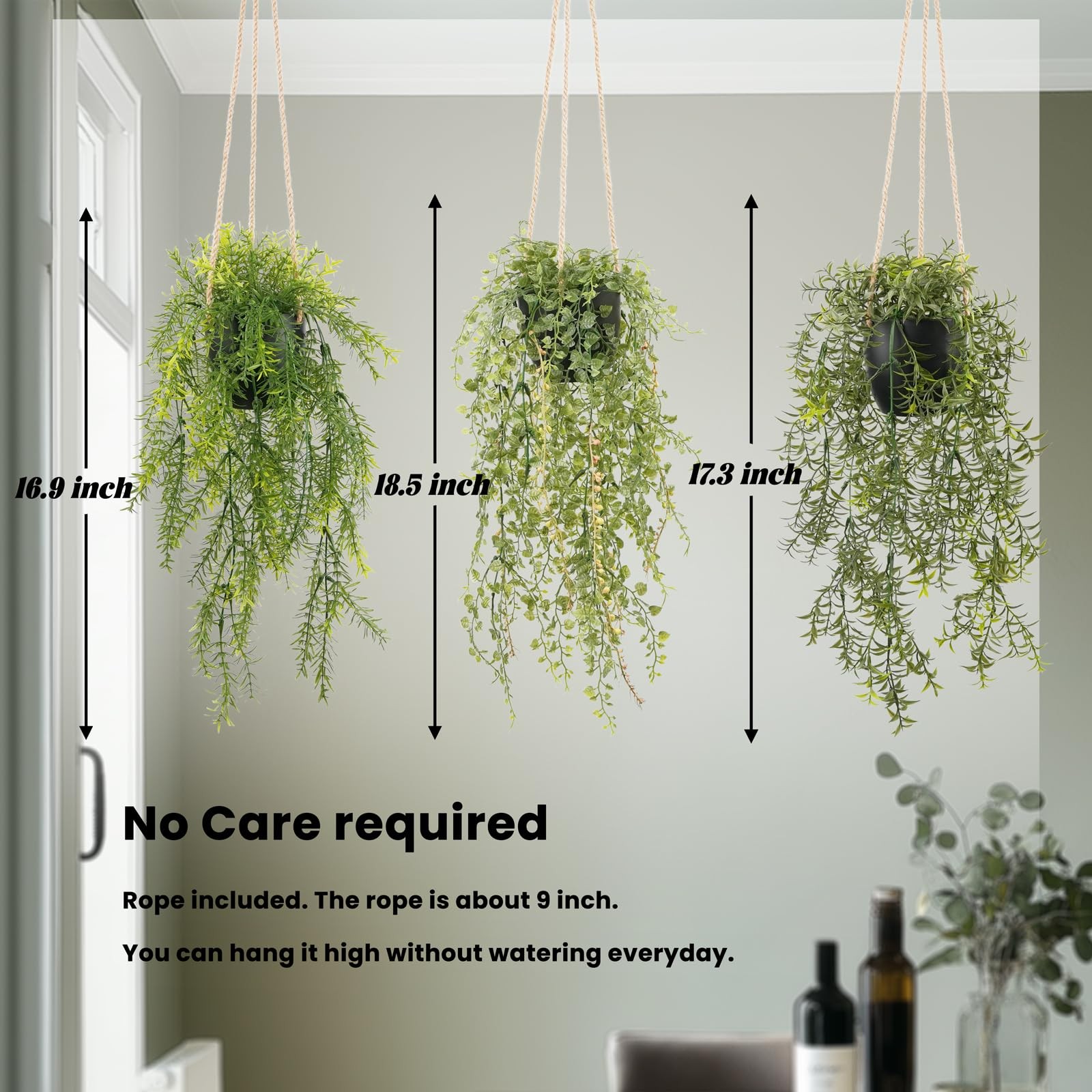 3 Packs 18.5″ Fake Hanging Plants with Black Pots for Wall Decor