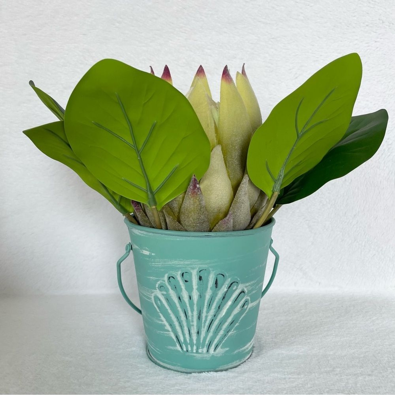 Handmade Artificial Protea in Seashell Bucket Floral Arrangement Beach Decor