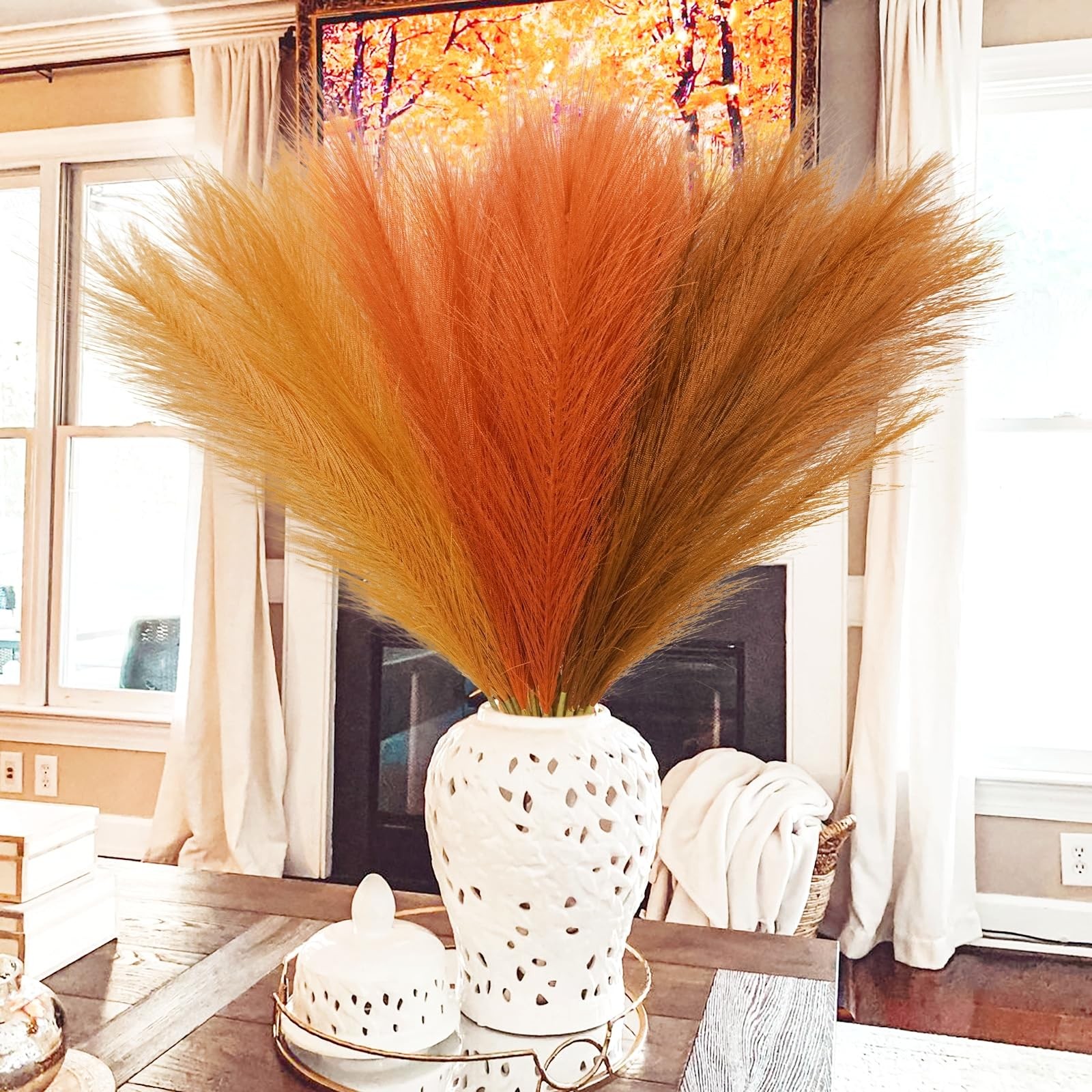 150pcs Orange Pampas Grass, 21.6in Fluffy Faux Colored Pompas Grass Short Art…