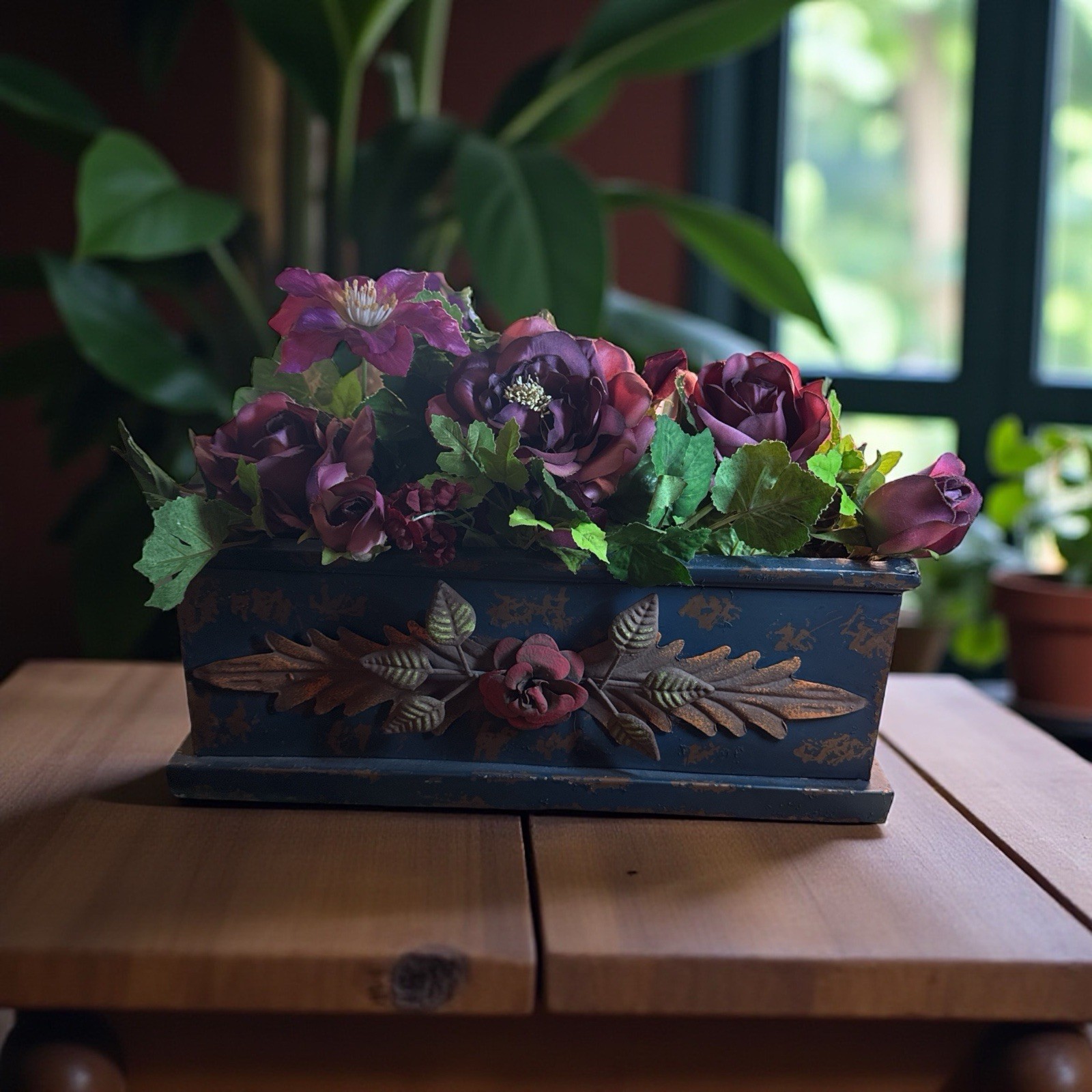 Artificial Floral Rose Floral Arrangement in 15.5″ x 6.5″ Decorative Metal Box