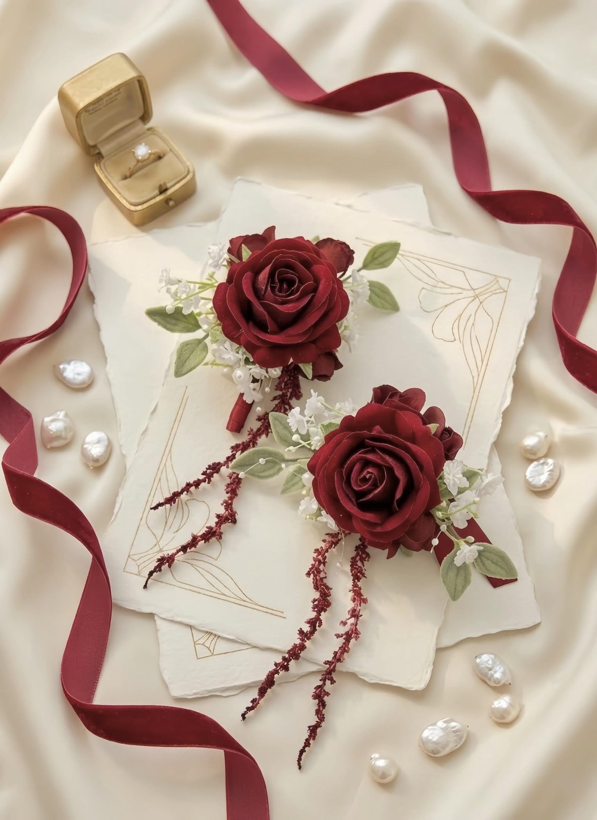 Red Rose Wrist Corsage And Boutonniere Set Men Women Wedding Prom Party Prop