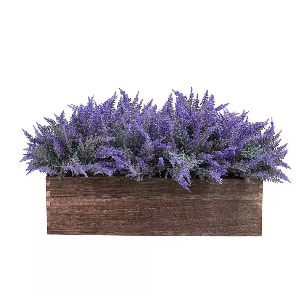 14 In. Artificial Lavender Plants in Brown Rectangular Wood Planter