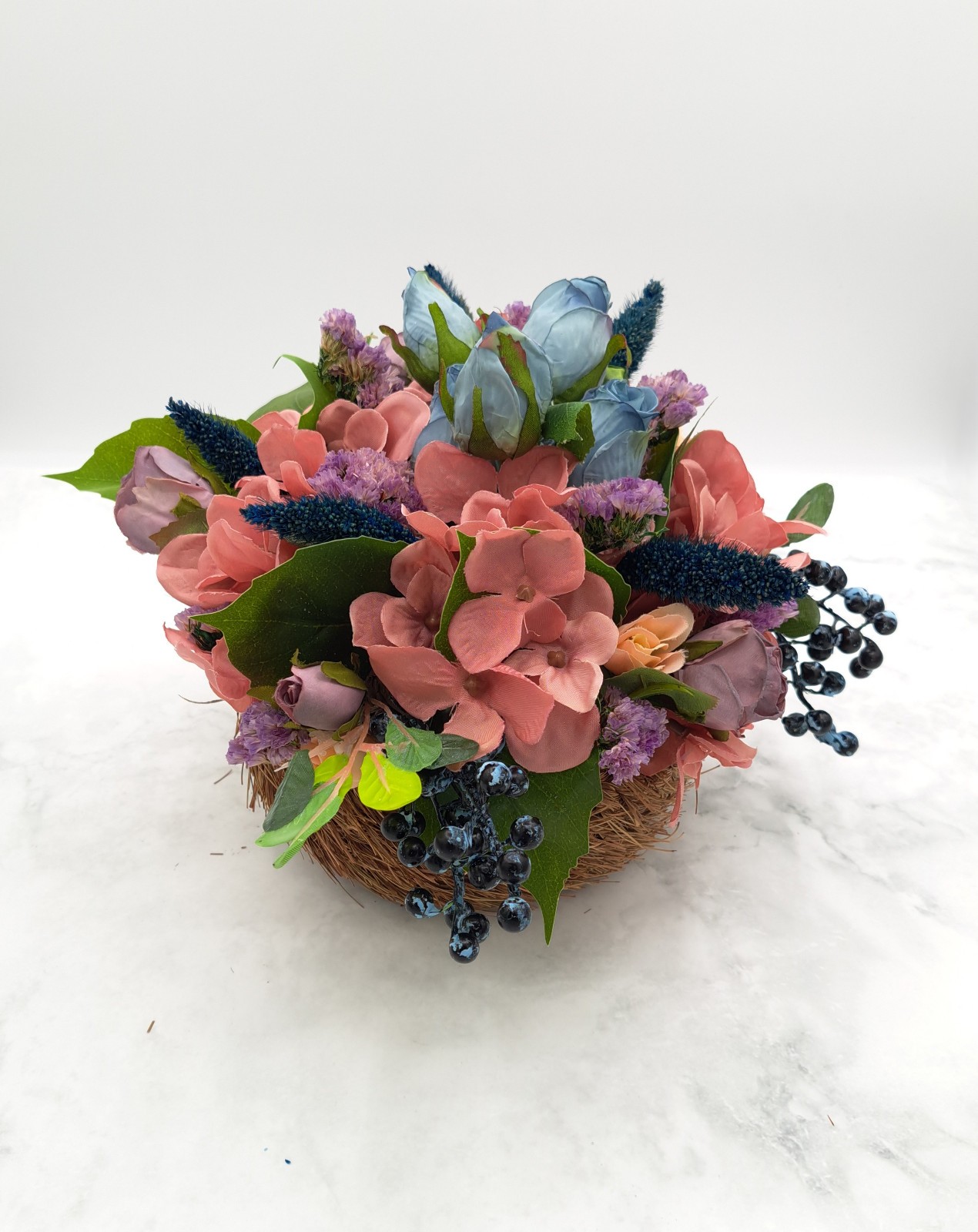Handmade Blue Rose Blueberry Dried/Silk Flower Arrangement w/ Vintage Basket