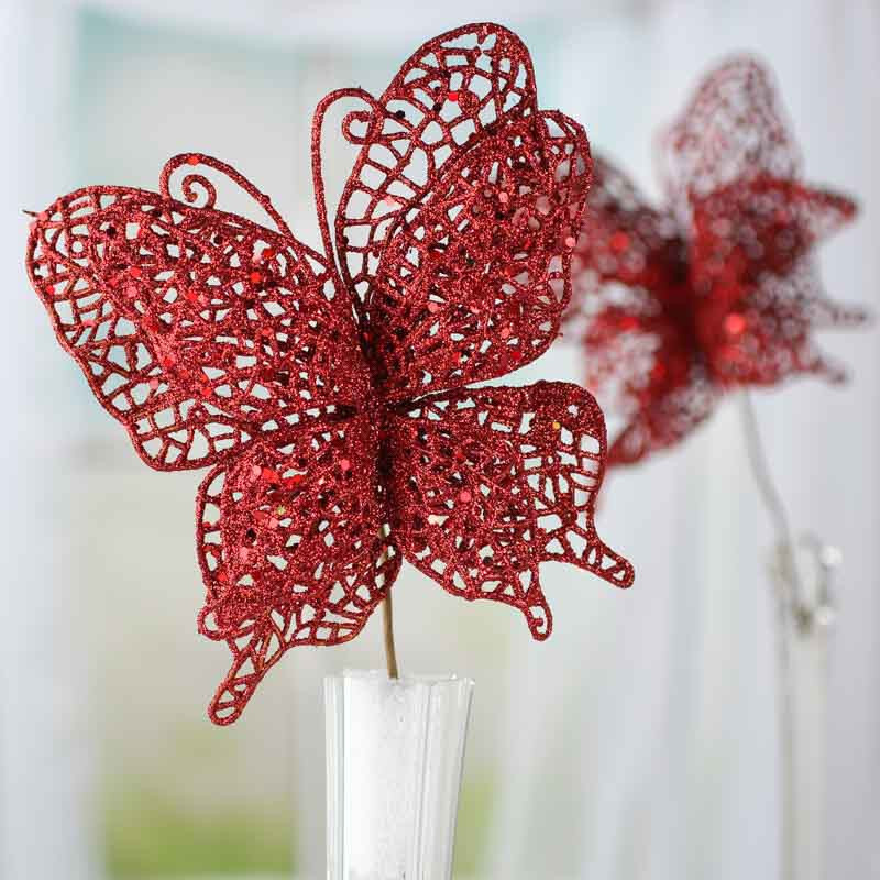 Pack of 18 Red Sparkling Mesh Artificial Butterfly 8-3/4″ Picks
