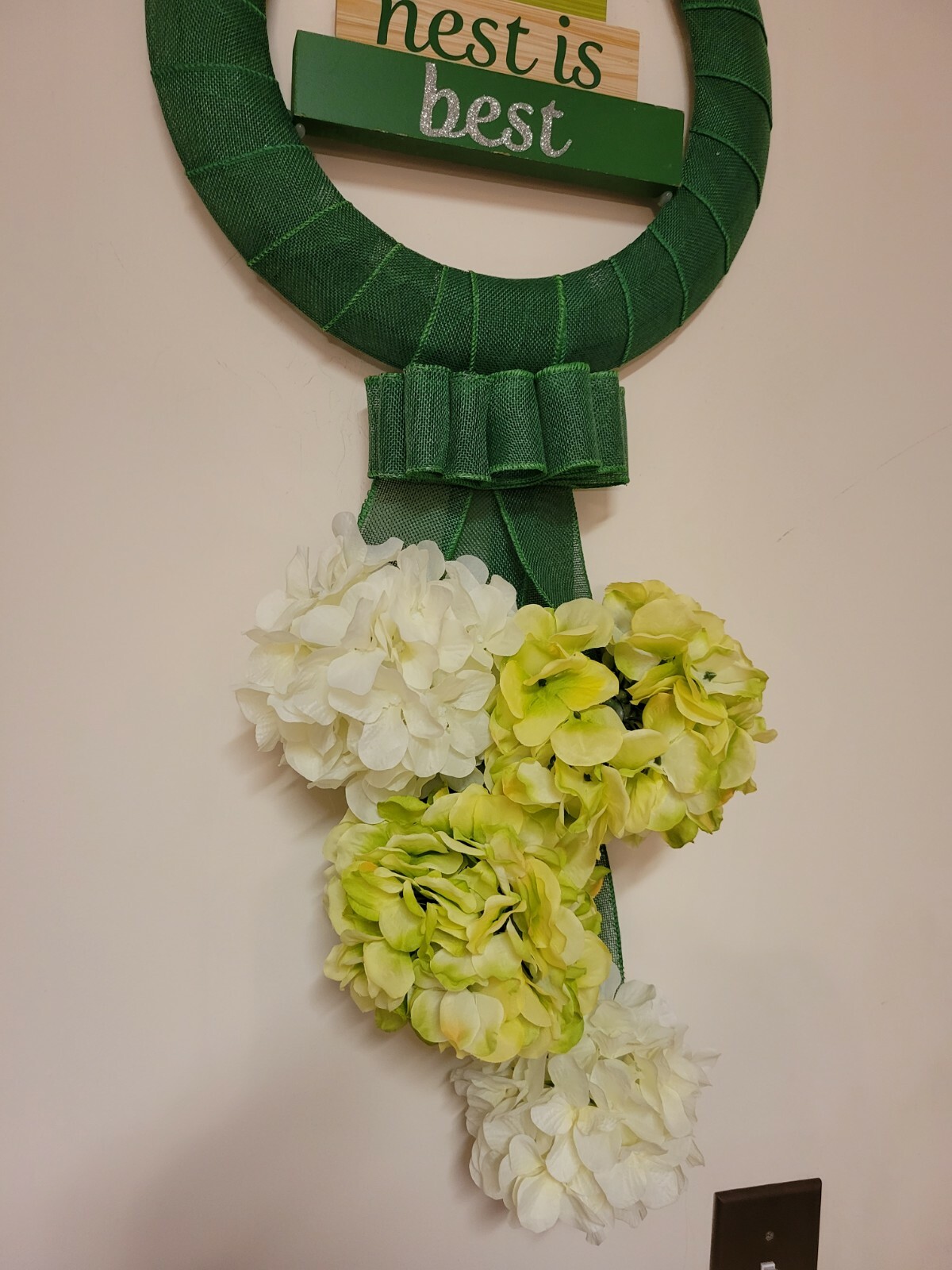 OUR NEST IS THE BEST wreat WHITE GREEN Hydrangeas burlap Decor Front Door SUMMER