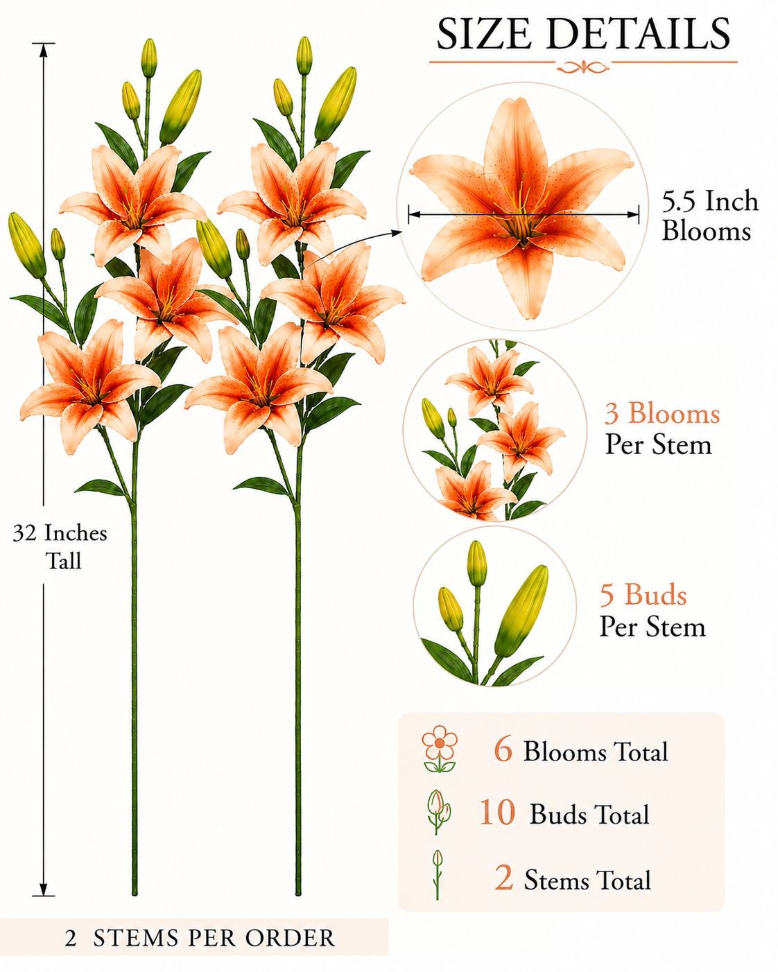 Orange Peach Real Touch Lily Stems, Faux Lily Flowers, Artificial Lilies, Fall F