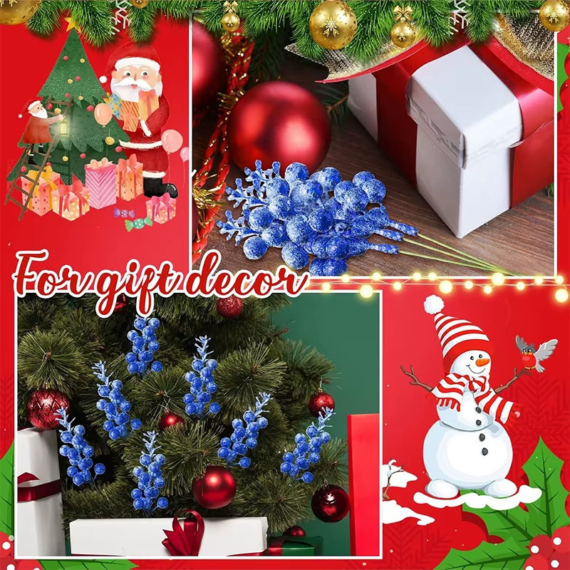 19Cm Christmas Blue Glitter Berry Stems Artificial Foam Berry Snow Covered Berry
