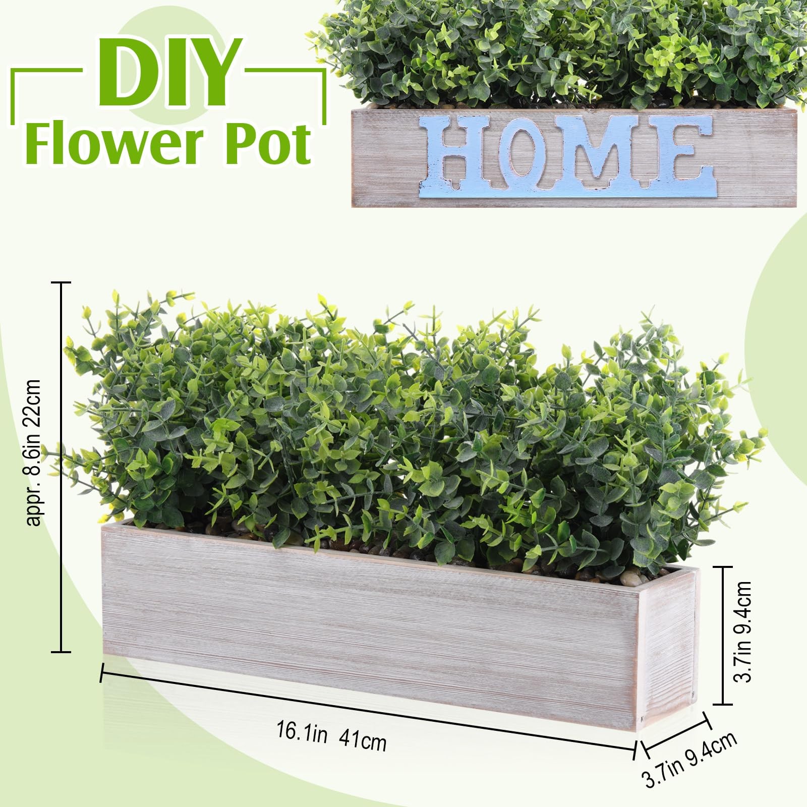 2 Pack Artificial Eucalyptus Plant in Rustic Rectangular Wooden Planter Box G…