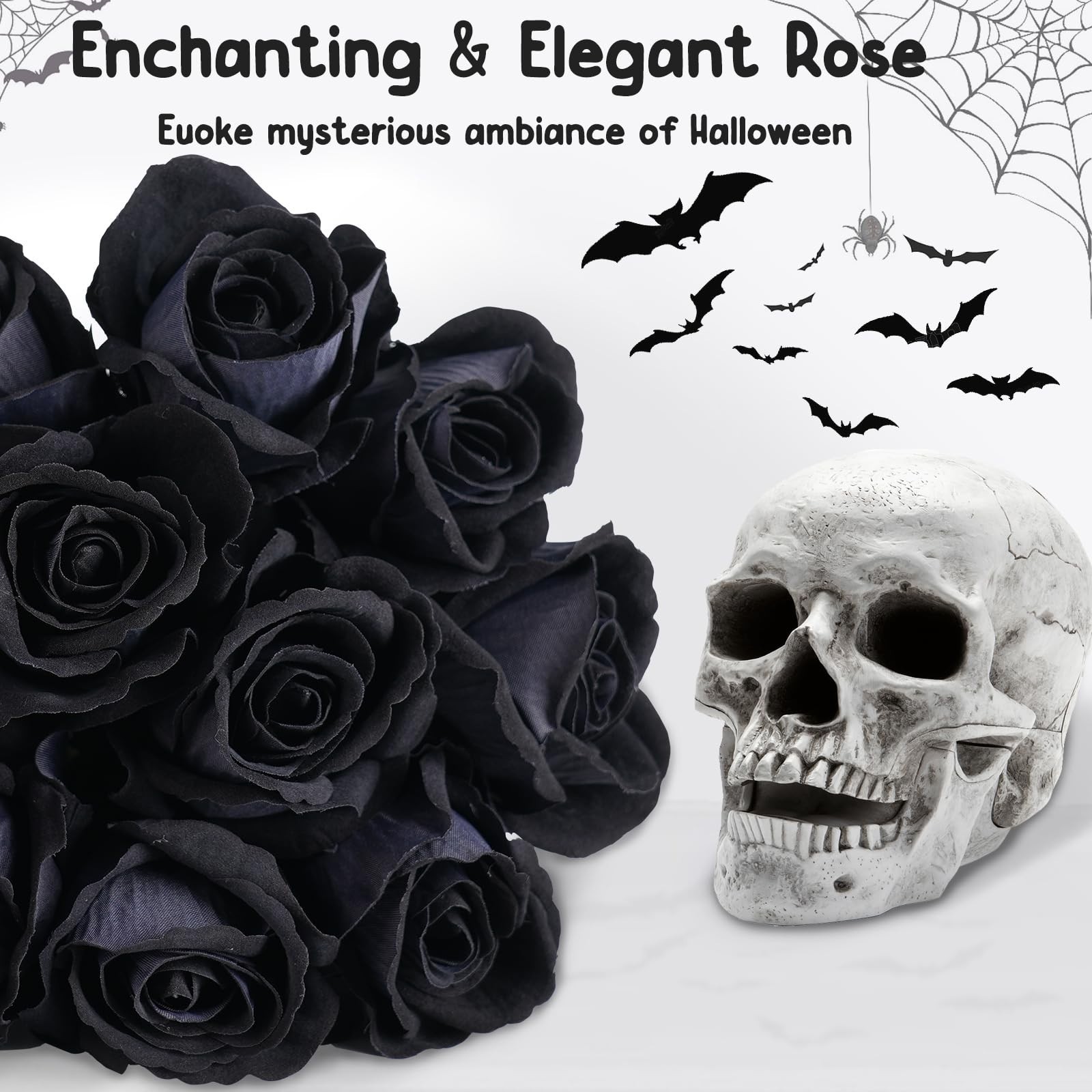 12 Pcs Black Artificial Roses with Long Stem – Realistic Faux Silk Floral Bouque