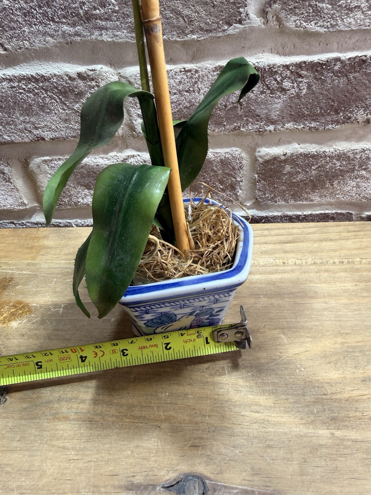 Set Of 2 Vtg Blue White Chinoiserie Ceramic Pot Pink & Yellow Artificial Orchid