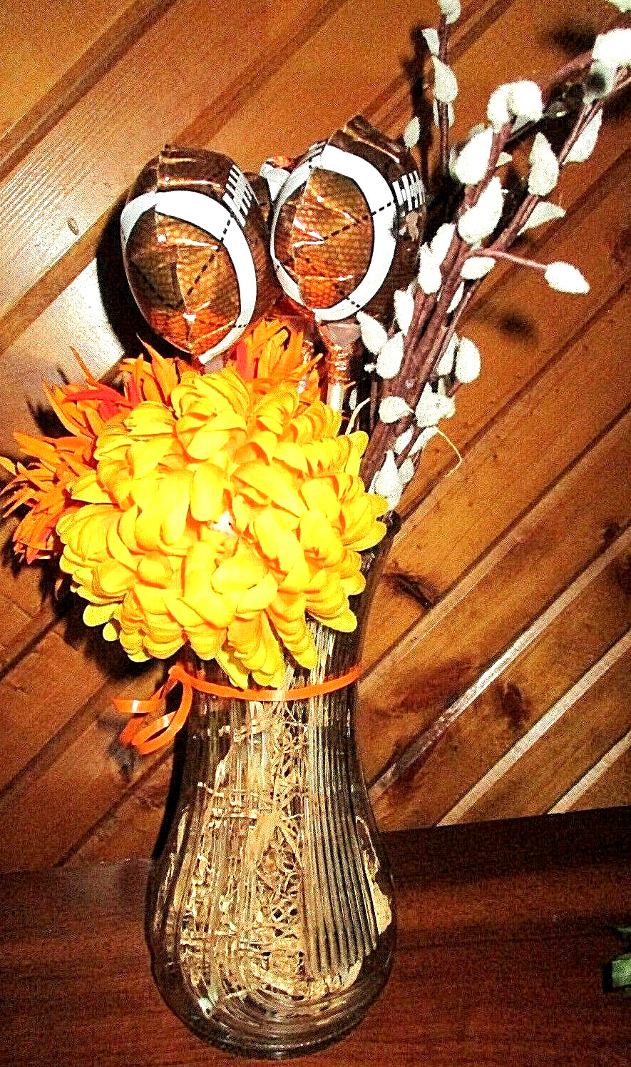 18″ FOOTBALL Autumn Faux PUSSY WILLOWS Orange Yellow FLORAL Hoosier Glass VASE