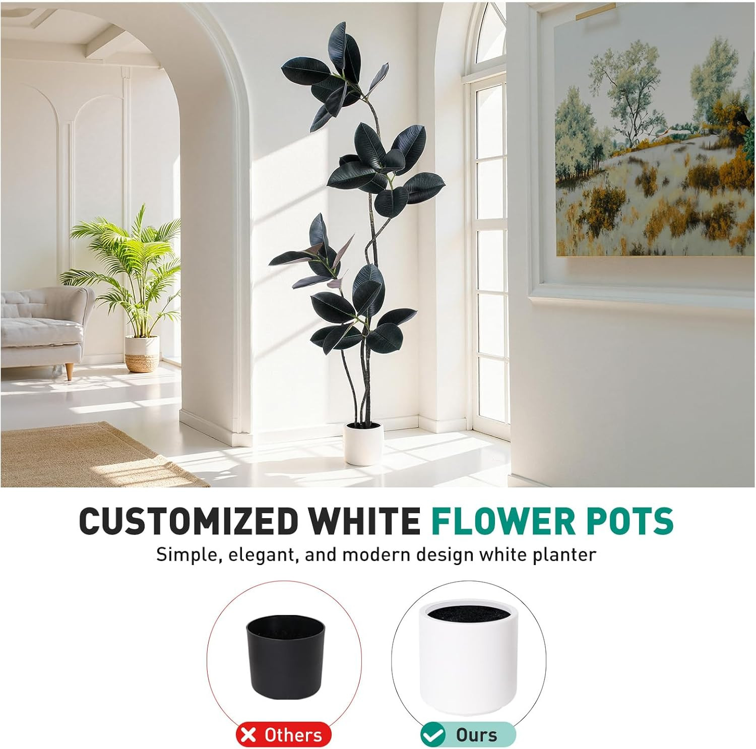 6FT Artificial Rubber Tree – Faux Indoor Plant with White Planter for Home Decor