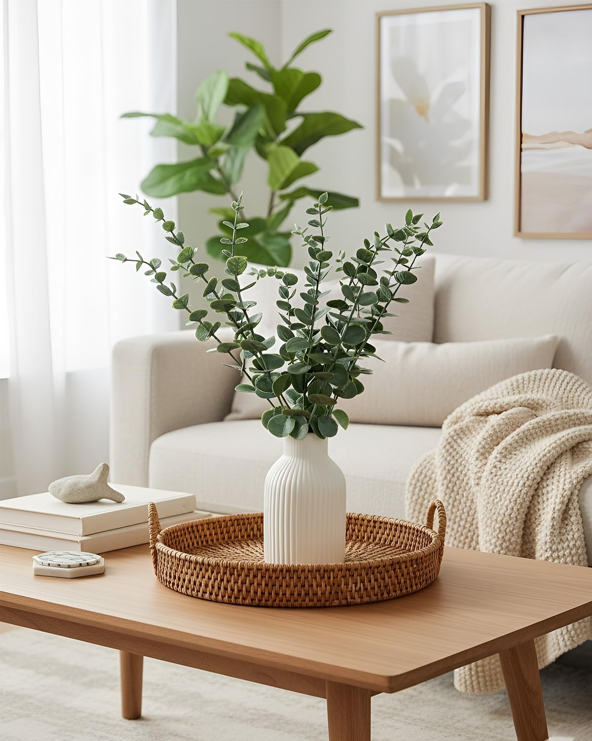 Faux Eucalyptus Stems in Ceramic Vase for Bathroom Counter Decor Artificial E…