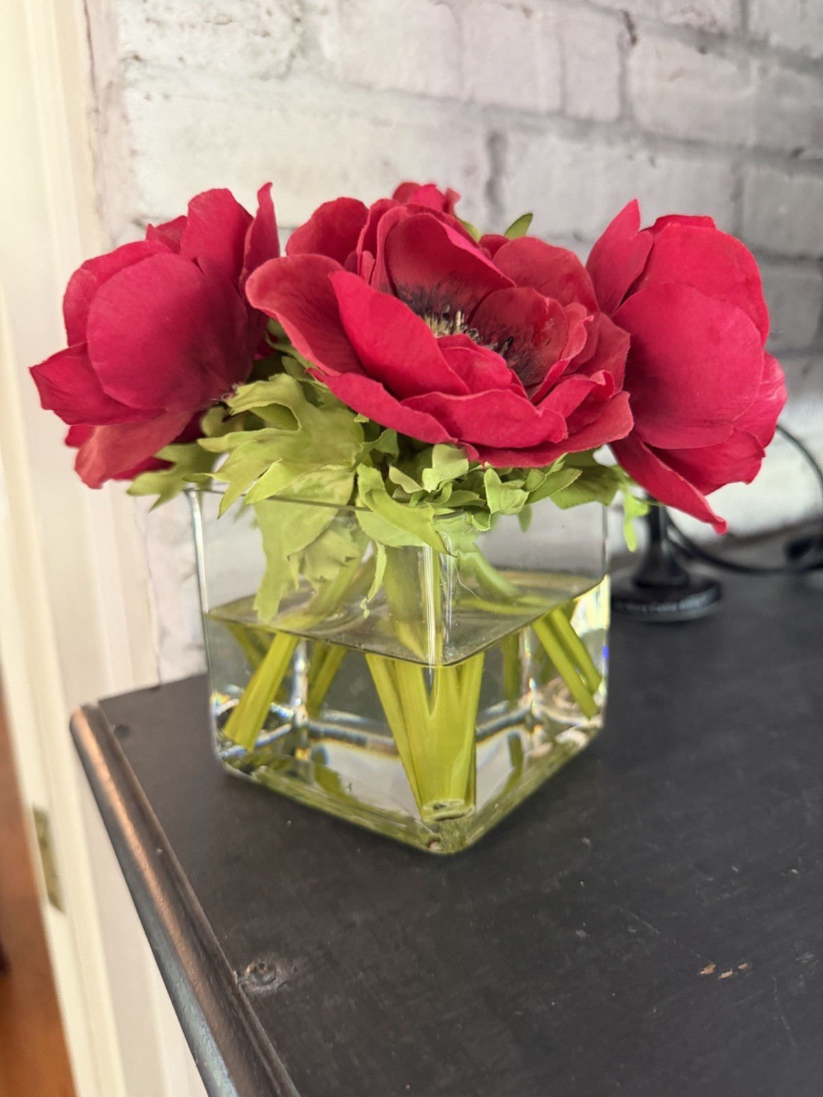 Artificial Red Poppy Floral Arrangement, Clear Glass Cube Vase, Plastic