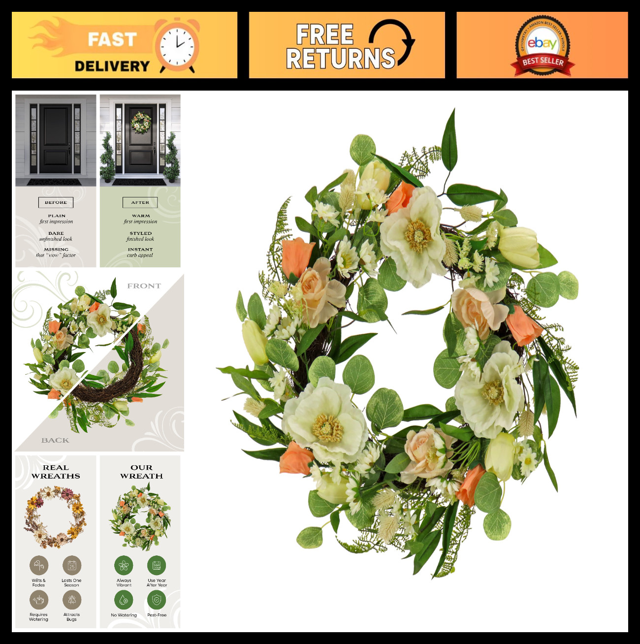 22″ Artificial Spring Wreath with Tulip, Poppy & Buttercup – Realistic Floral De